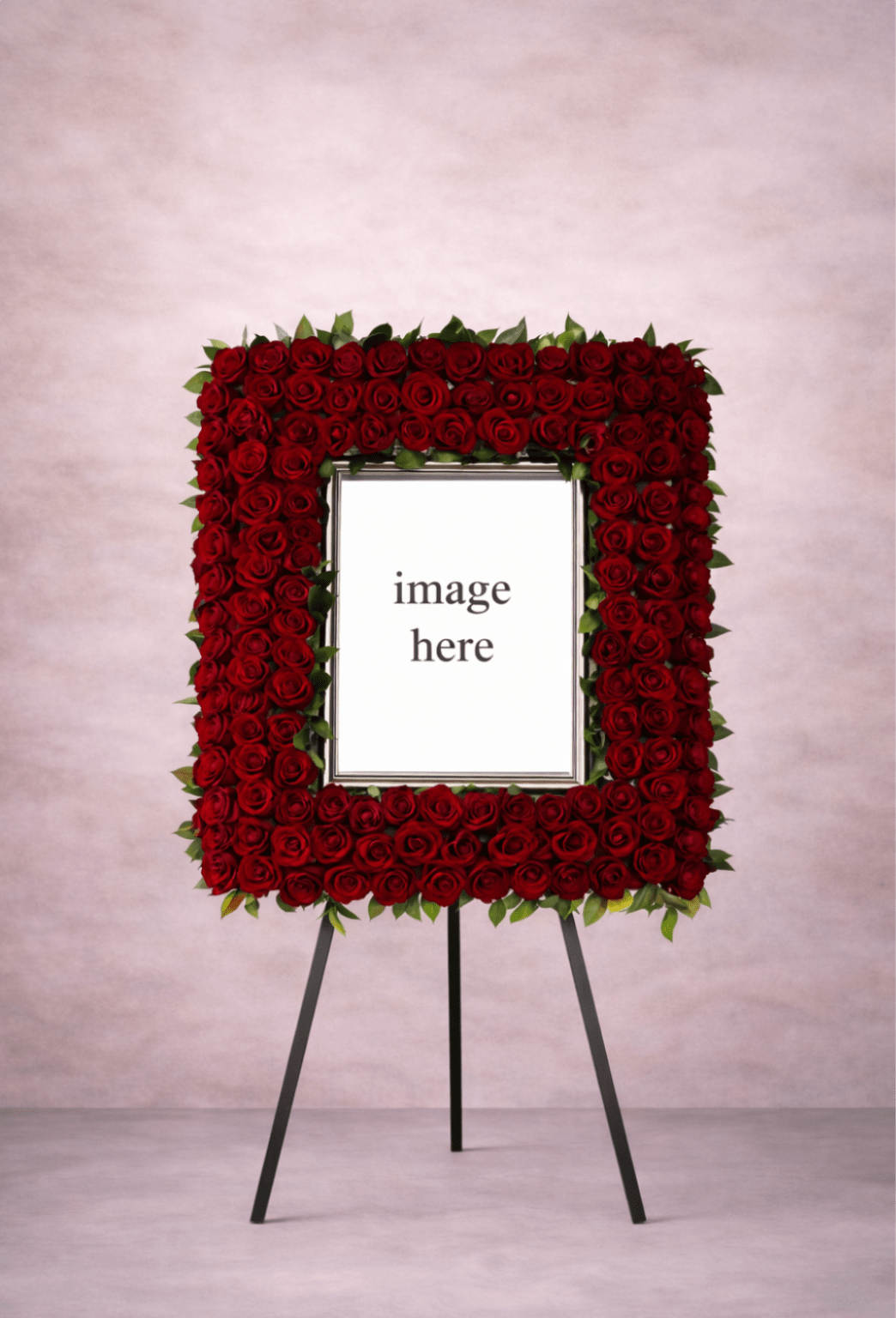 Standing rectangular frame of red roses surrounding a blank photo space on a black easel.