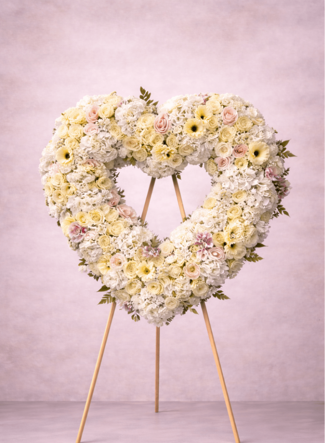 Large heart-shaped standing wreath of white and pale pink flowers on a wooden easel.