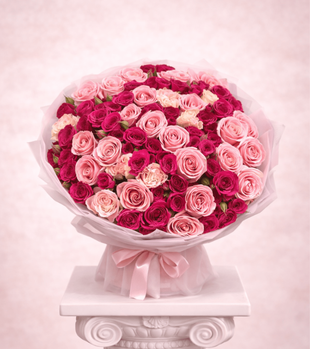 Bouquet of pink and magenta roses wrapped in pale pink paper