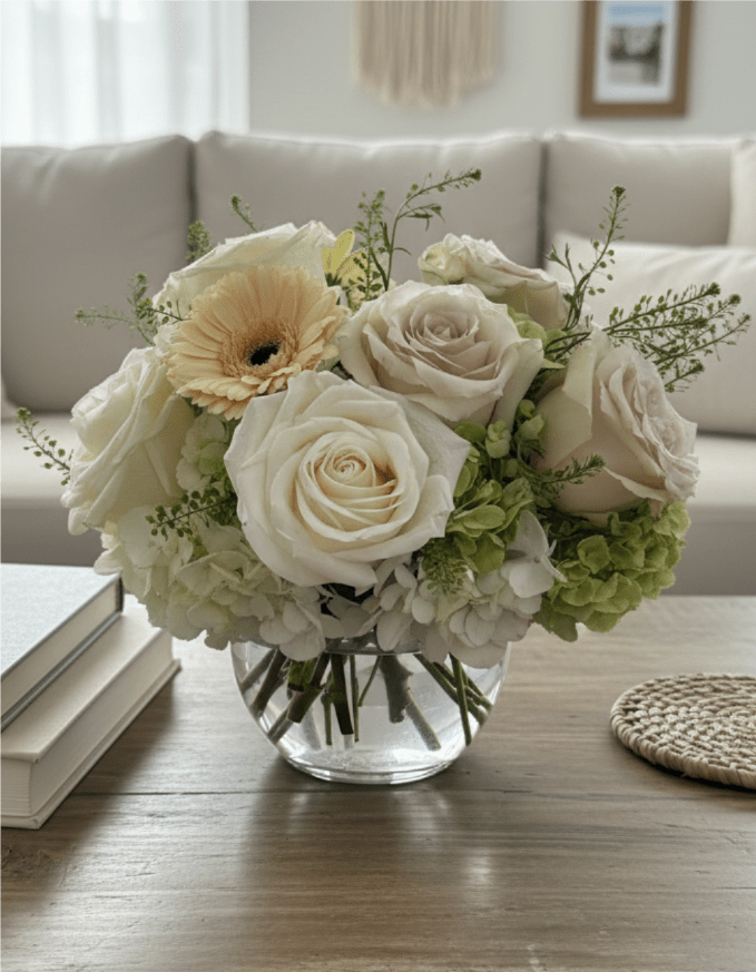 Soft Blush Vase - A soft, rounded arrangement of white and green hydrangea, 6 light-colored roses, and 2 mini gerbera daisies, accented with fresh greenery and designed in a clear glass vase.