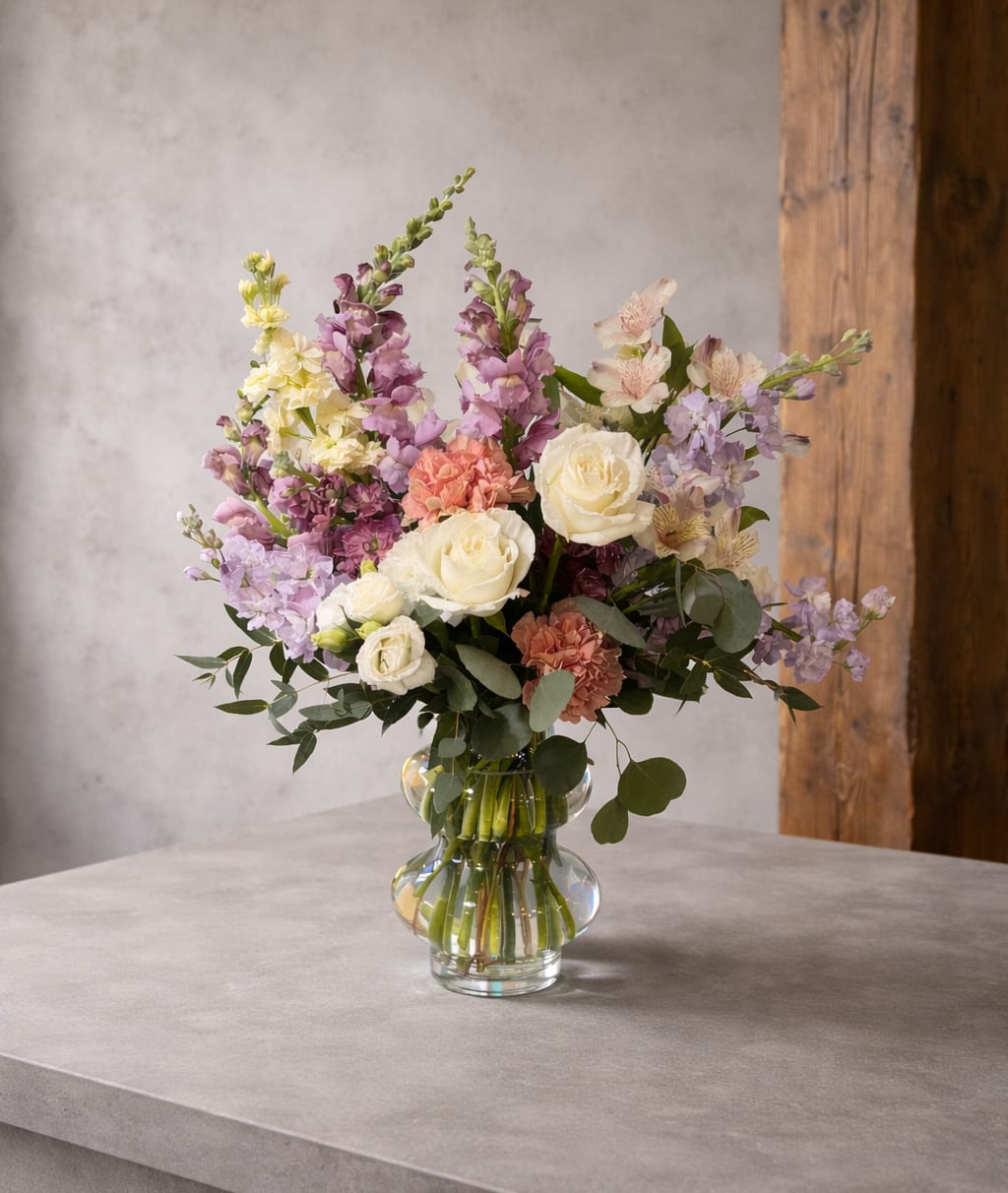 Garden Celebration - Garden Celebration is a vibrant, garden-style floral arrangement created to mark meaningful moments: birthdays, milestones, and joyful celebrations of life.  This design features a lush mix of creamy white roses, soft peach and blush blooms, lavender and buttery yellow seasonal flowers, and airy greenery, thoughtfully arranged in a sculptural clear glass vase. The color palette is fresh, cheerful, and refined. Full of life without feeling overwhelming.  Designed in The Artisan Fox Floral signature garden style, Garden Celebration has an organic, movement-rich shape that feels effortless yet intentional. It’s a beautiful choice for birthdays, congratulations, thank-you gifts, or anytime you want to send something that feels truly special.  Each arrangement is handcrafted by The Artisan Fox Floral using premium seasonal blooms. Flower varieties may vary slightly, but the overall color story, size, and elevated garden feel will remain consistent.