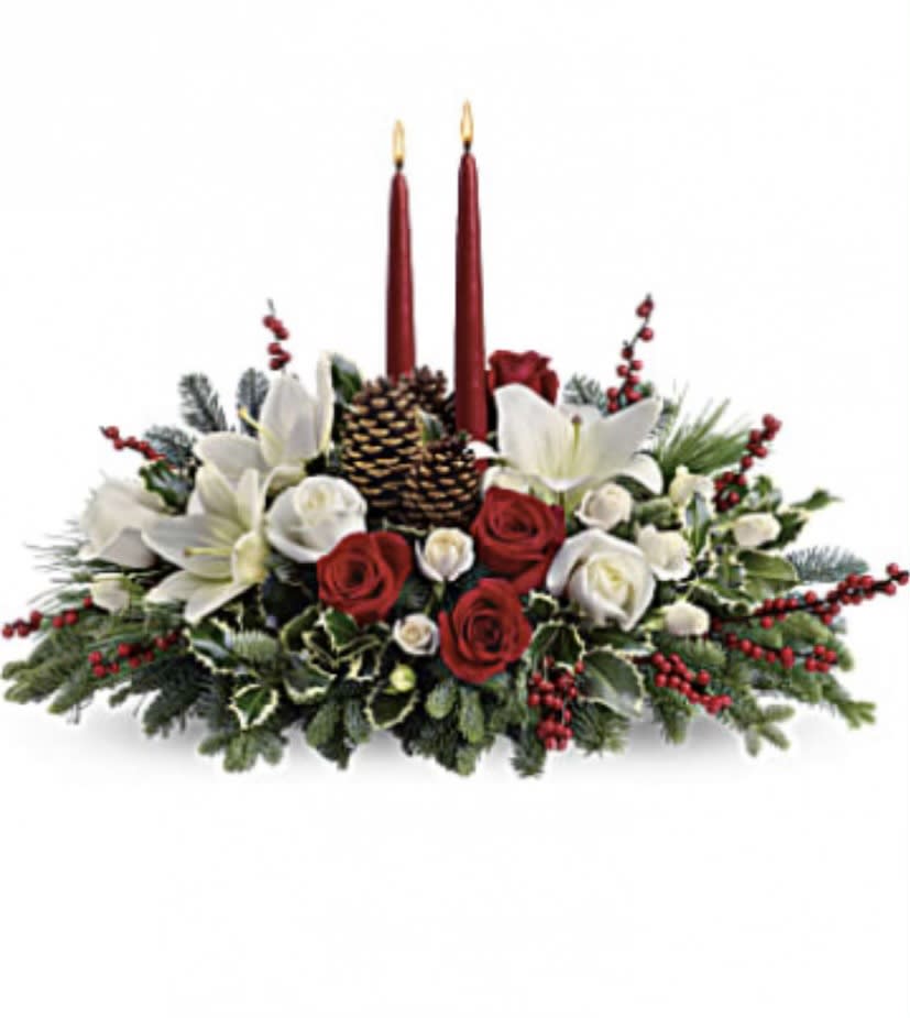 Red And White Christmas -  Santa Clarita Valley Florist - Spice up the holiday spirit with this beautiful, unique holiday piece to set for your family on Christmas Eve!