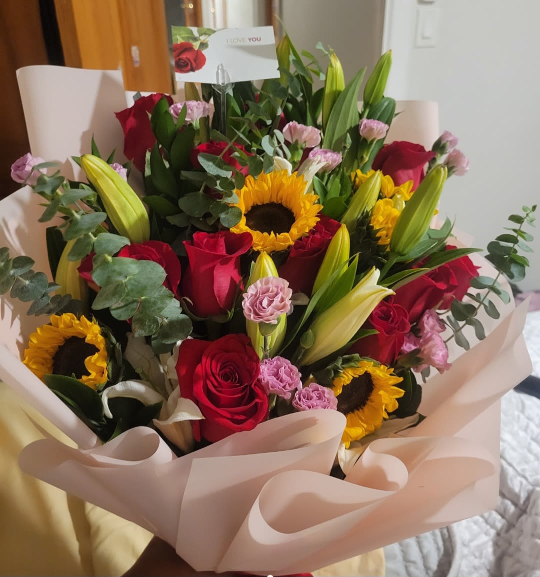 summer Bouquet  - sun flowers with Lillys and roses, fresh eucalyptus 