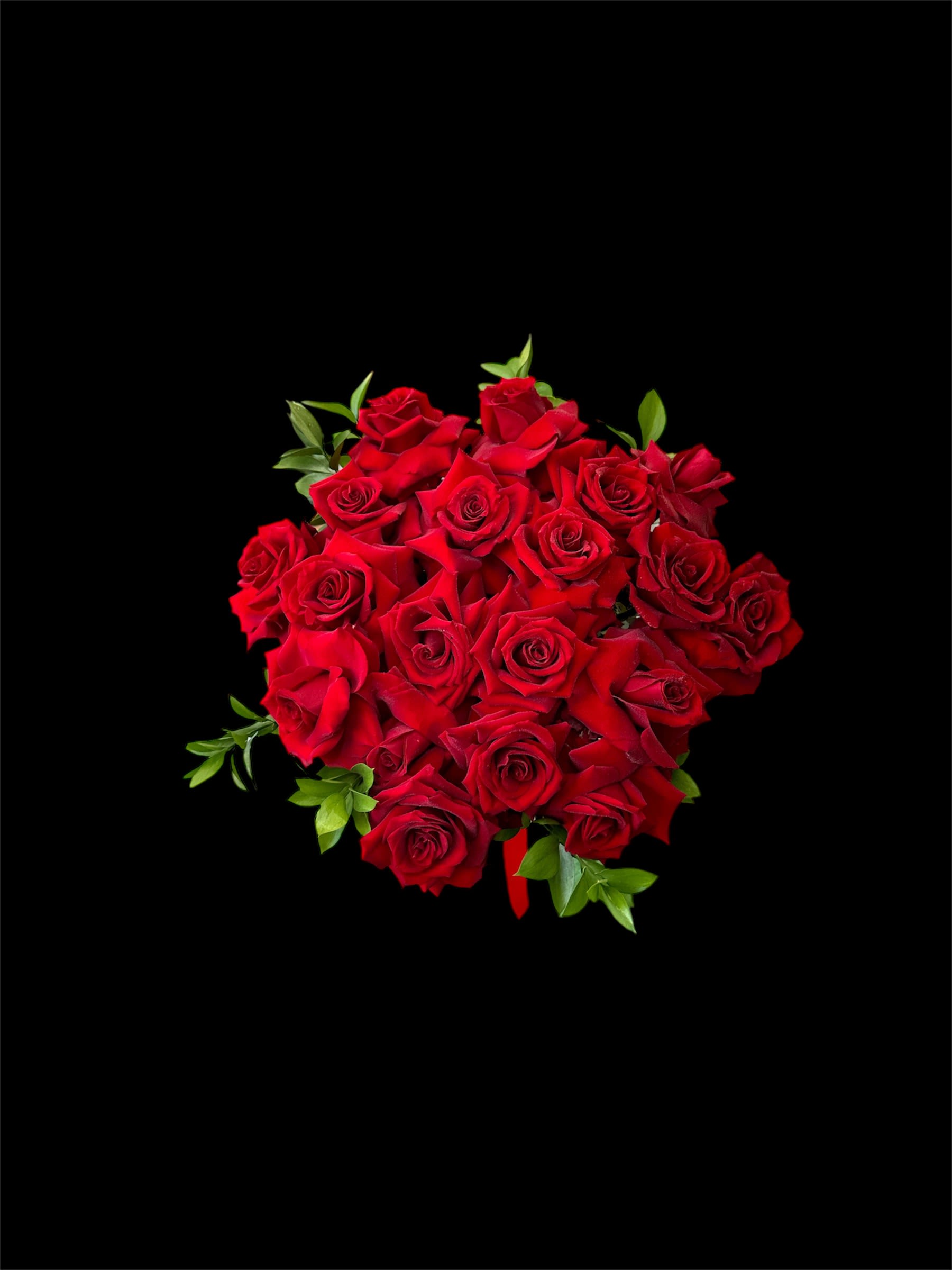 Bouquet of red roses with small green accents on a black background