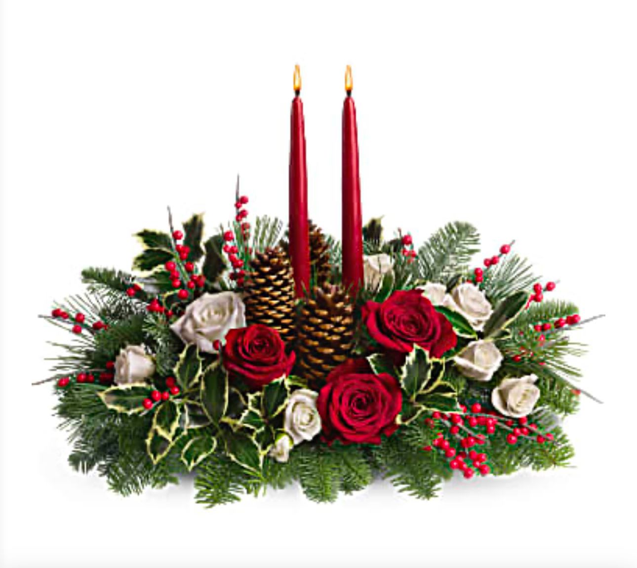Holiday centerpiece with red candles, roses, pinecones, and evergreen branches