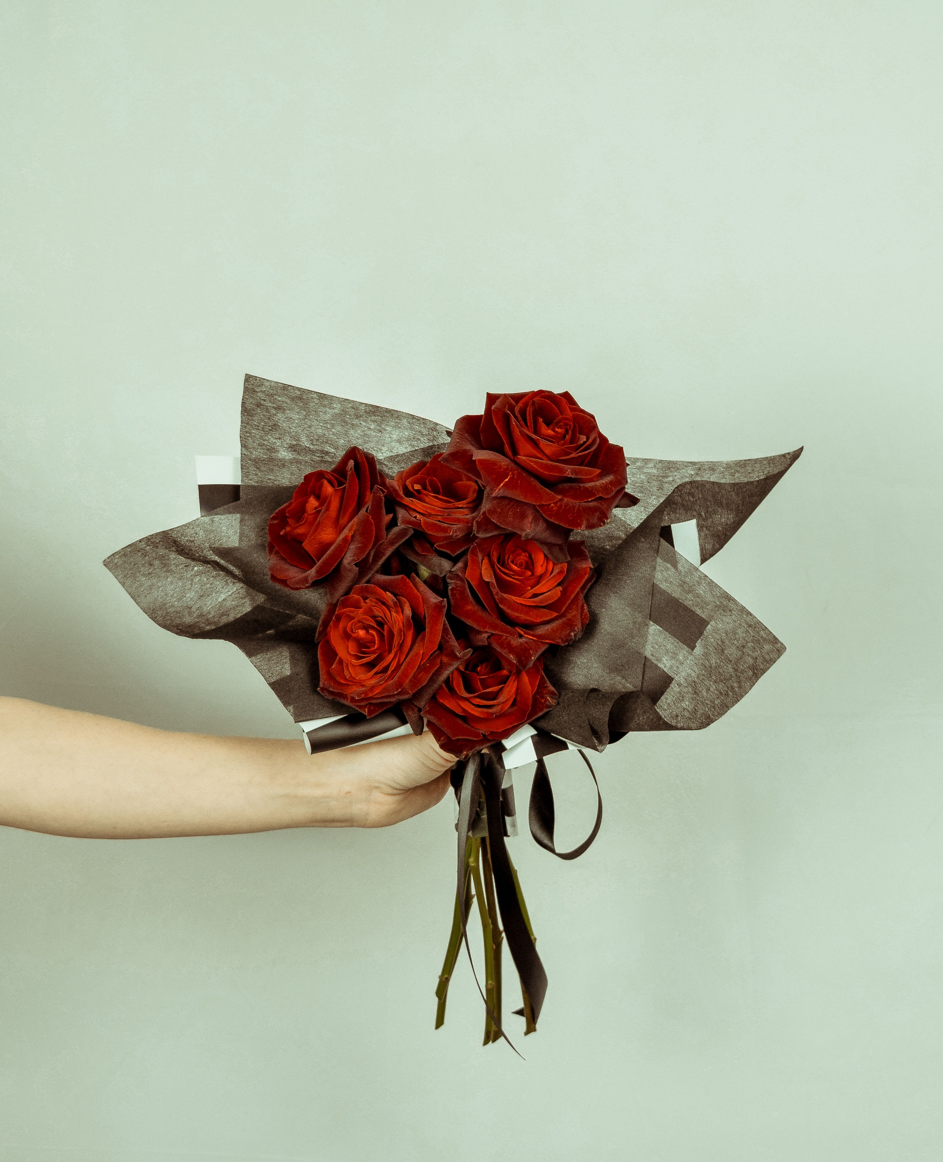 Handheld bouquet of red roses wrapped in dark brown paper