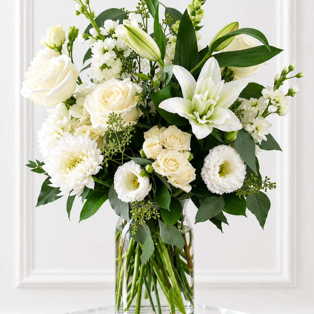 White roses and lilies arranged in a clear glass vase