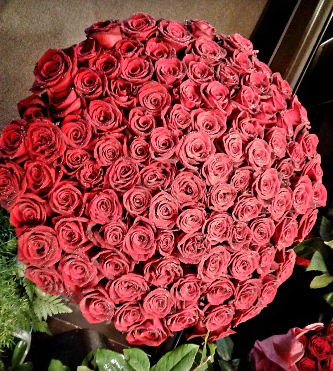 Large round bouquet of red roses