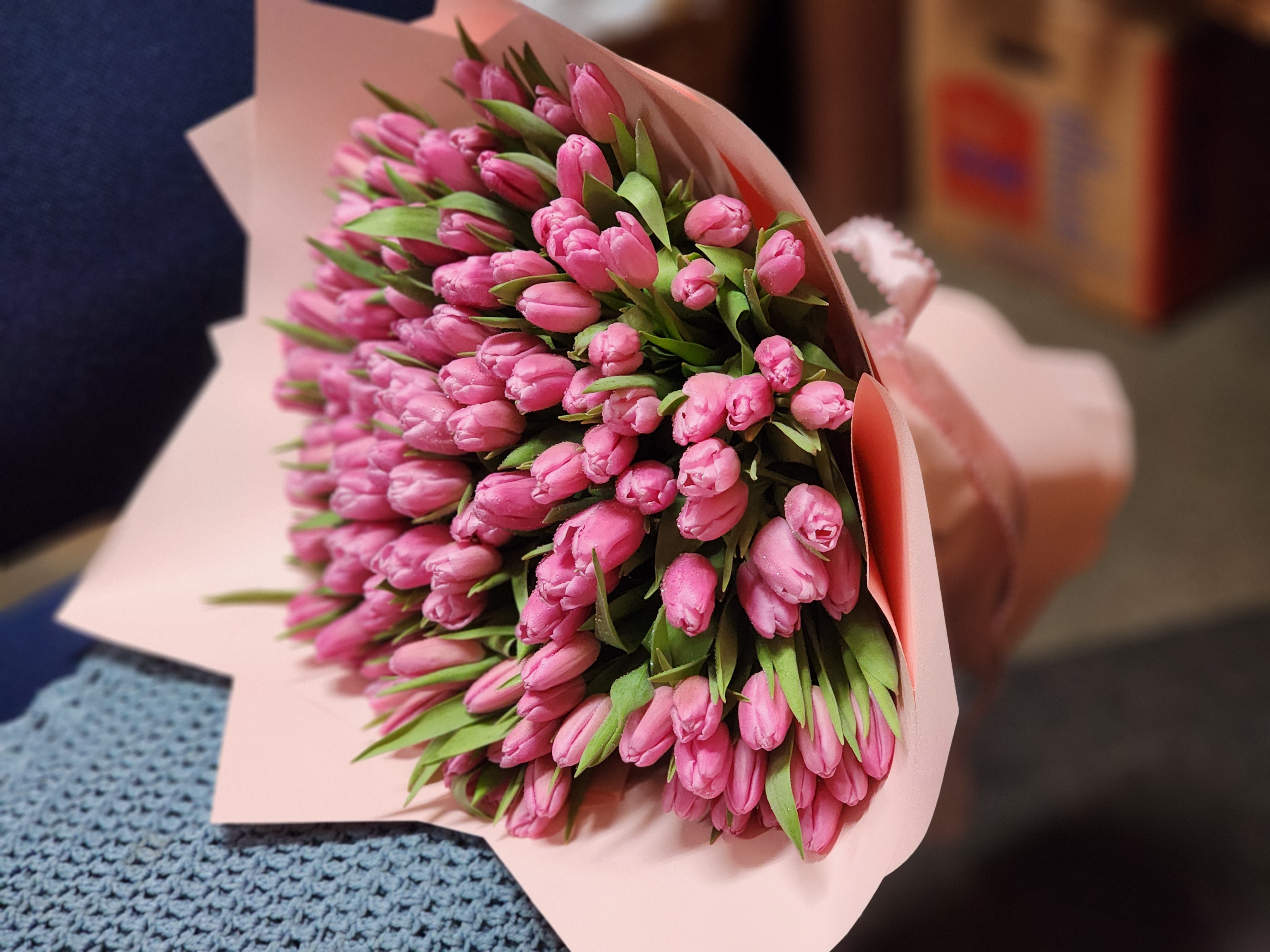 Bouquet of pink tulips wrapped in pale pink paper