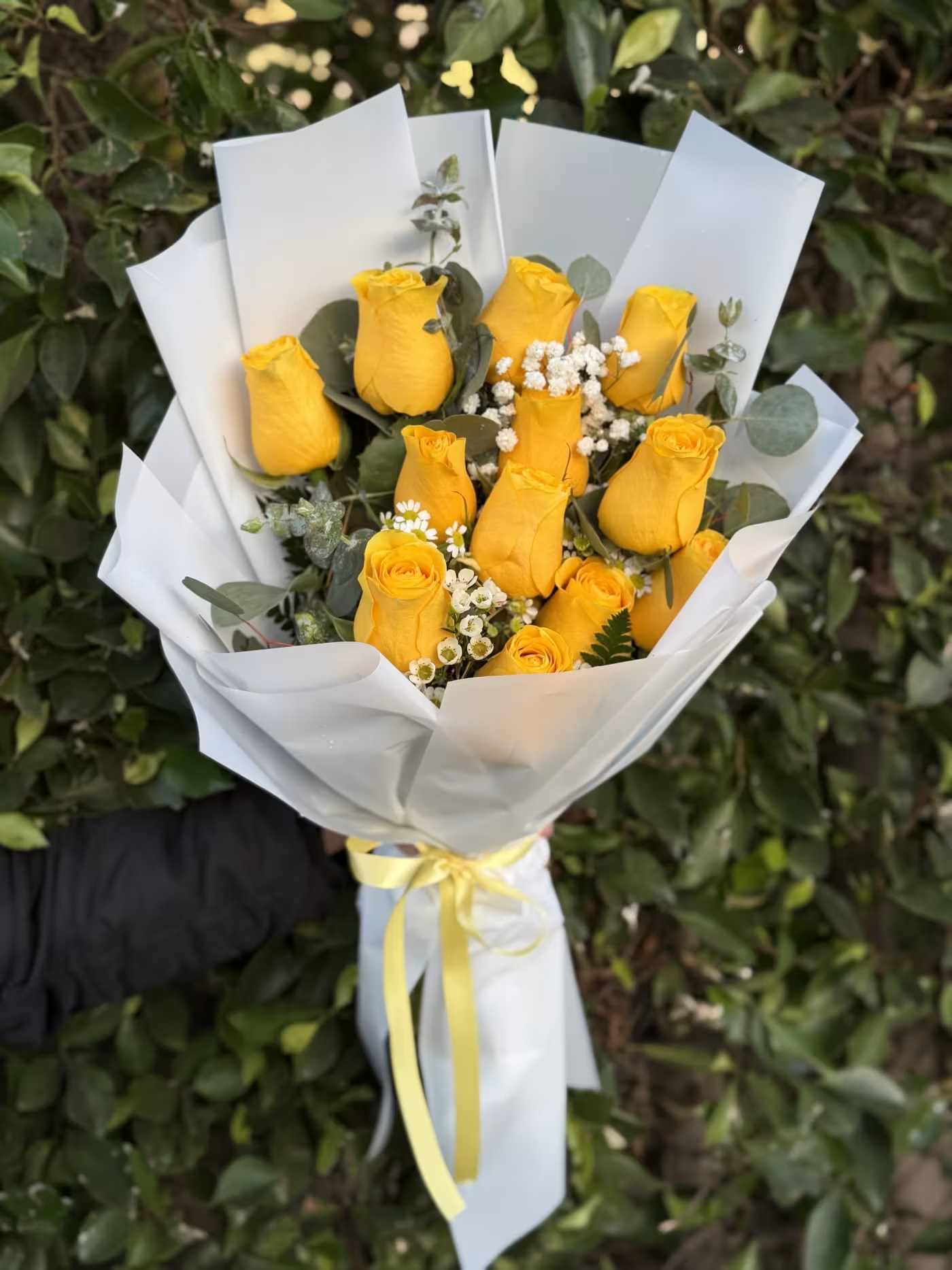  Golden Glow- 12 - Bright, happy, and full of charm—this wrapped handheld bouquet features 12 vibrant yellow roses accented with airy textures and fresh greens. Designed to feel light and uplifting, it’s the perfect way to share joy, appreciation, or a simple “thinking of you.”