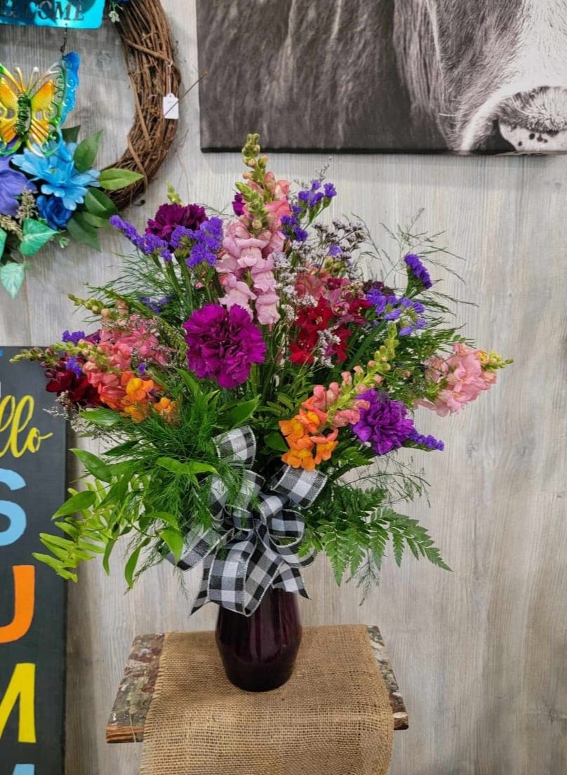 Country Cheer  - A country feel at home vase mixed with vibrant shades of purples and bright colors. 