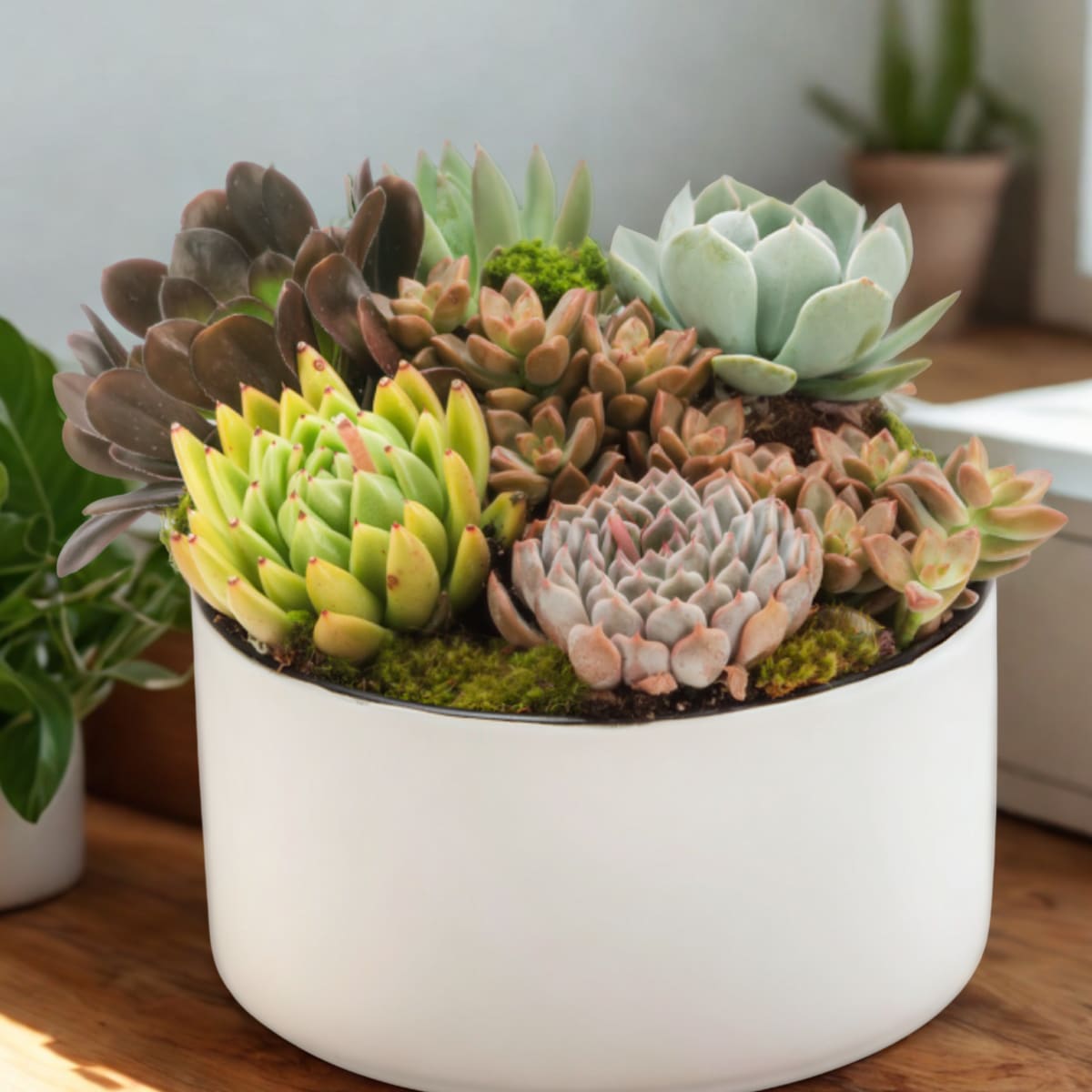 The Wyldling Succulent Garden - A curated succulent garden — textural, sculptural, and alive with quiet beauty.  The Wyldling Succulent Garden is a hand-crafted arrangement of sculptural succulents, designed with our signature touch. Each garden combines unique varieties in complementary tones and textures — from silvery rosettes to trailing tendrils — planted in proper soil and finished with a layer of smooth pea gravel. Always designed in vessels with character — sometimes simple and minimal, sometimes unusual and striking — each garden feels distinct while carrying the Wyldling spirit of abundance and artistry. Arranged in a low, wide vessel (about 10 inches across), this garden is both easy to care for and visually captivating. Expect a mix of premium succulents, chosen for their form, tone, and longevity. Perfect for gifting or keeping, these gardens bring long-lasting life to a desk, dining table, or windowsill. With minimal watering and plenty of character, they’re designed to thrive and inspire.
