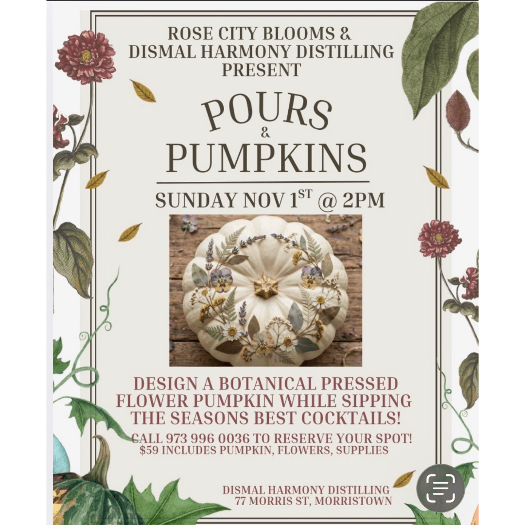 Event flyer with a decorated white pumpkin and floral border