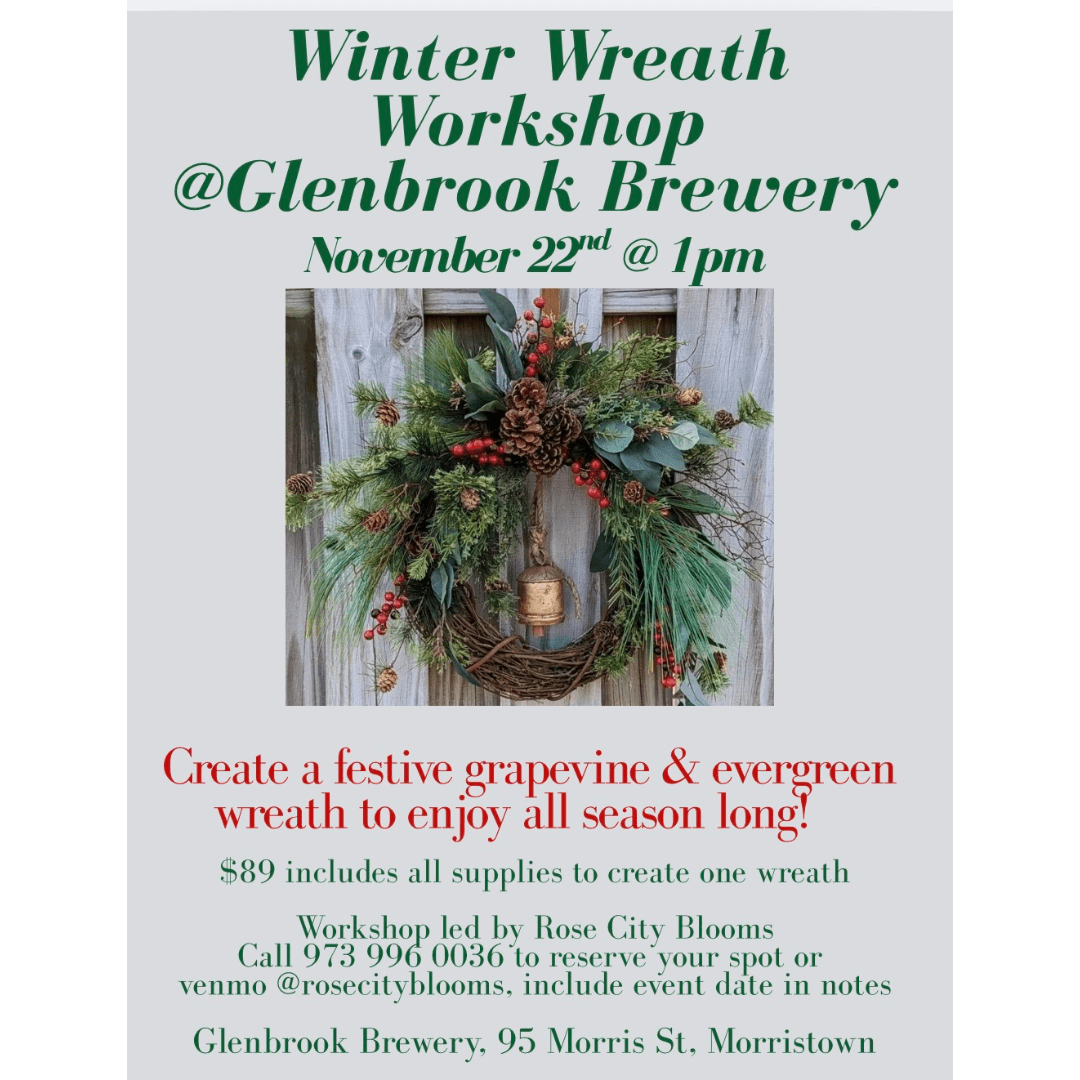 Winter wreath workshop flyer with a decorated evergreen wreath and event details