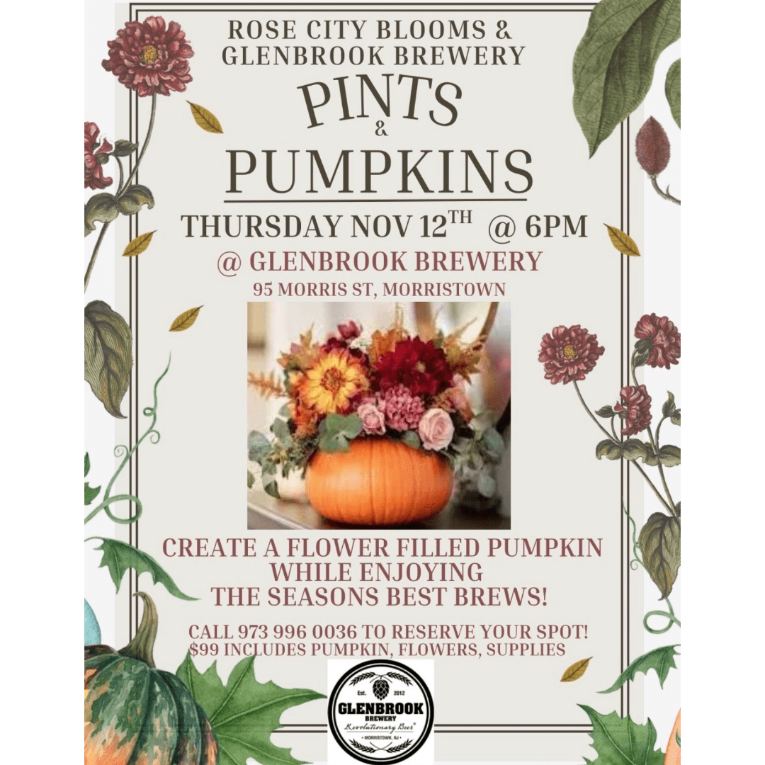 Poster for a pumpkin flower-arranging event with a floral pumpkin centerpiece