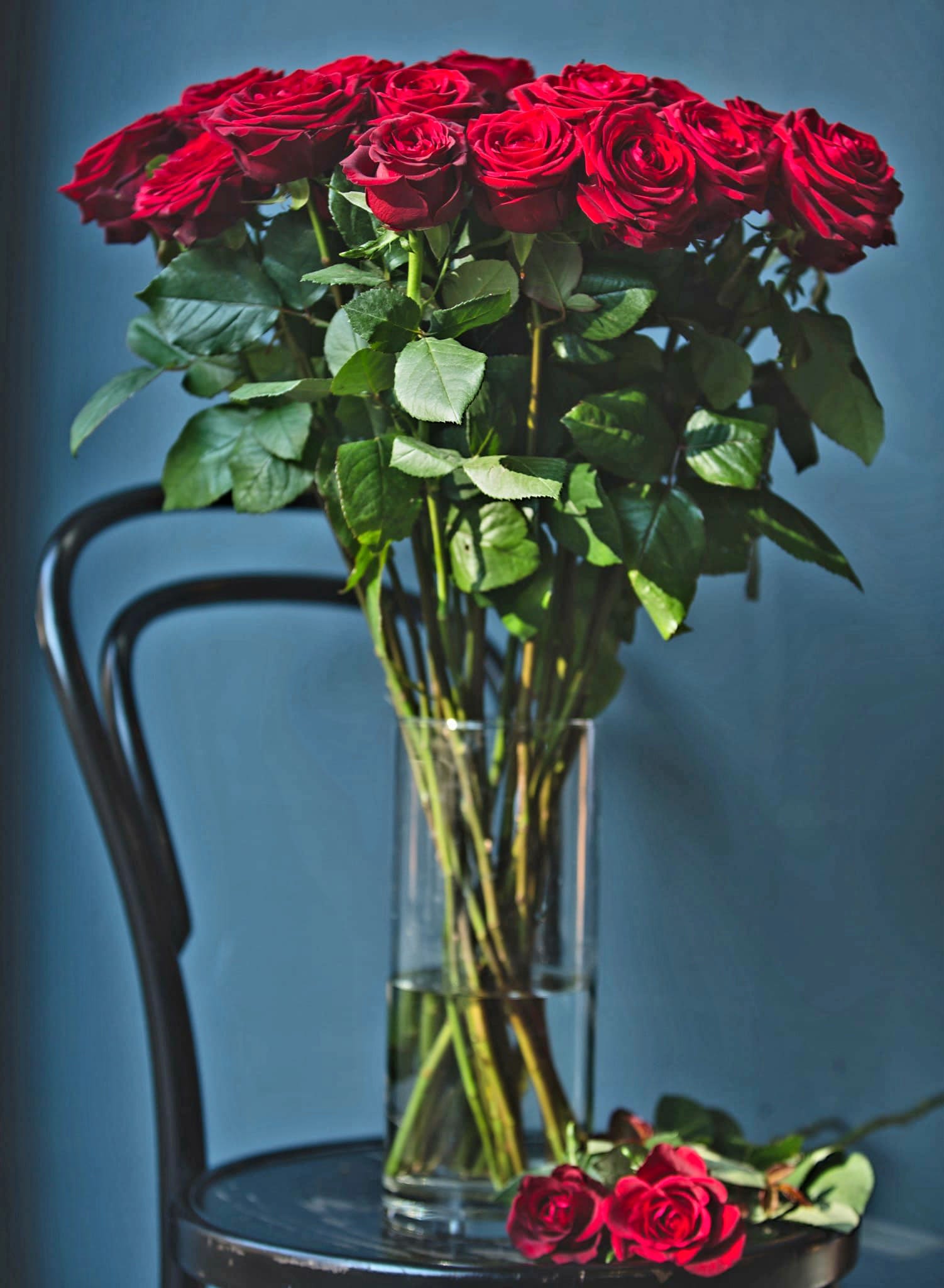 Red roses in a clear glass vase with a few roses on the table