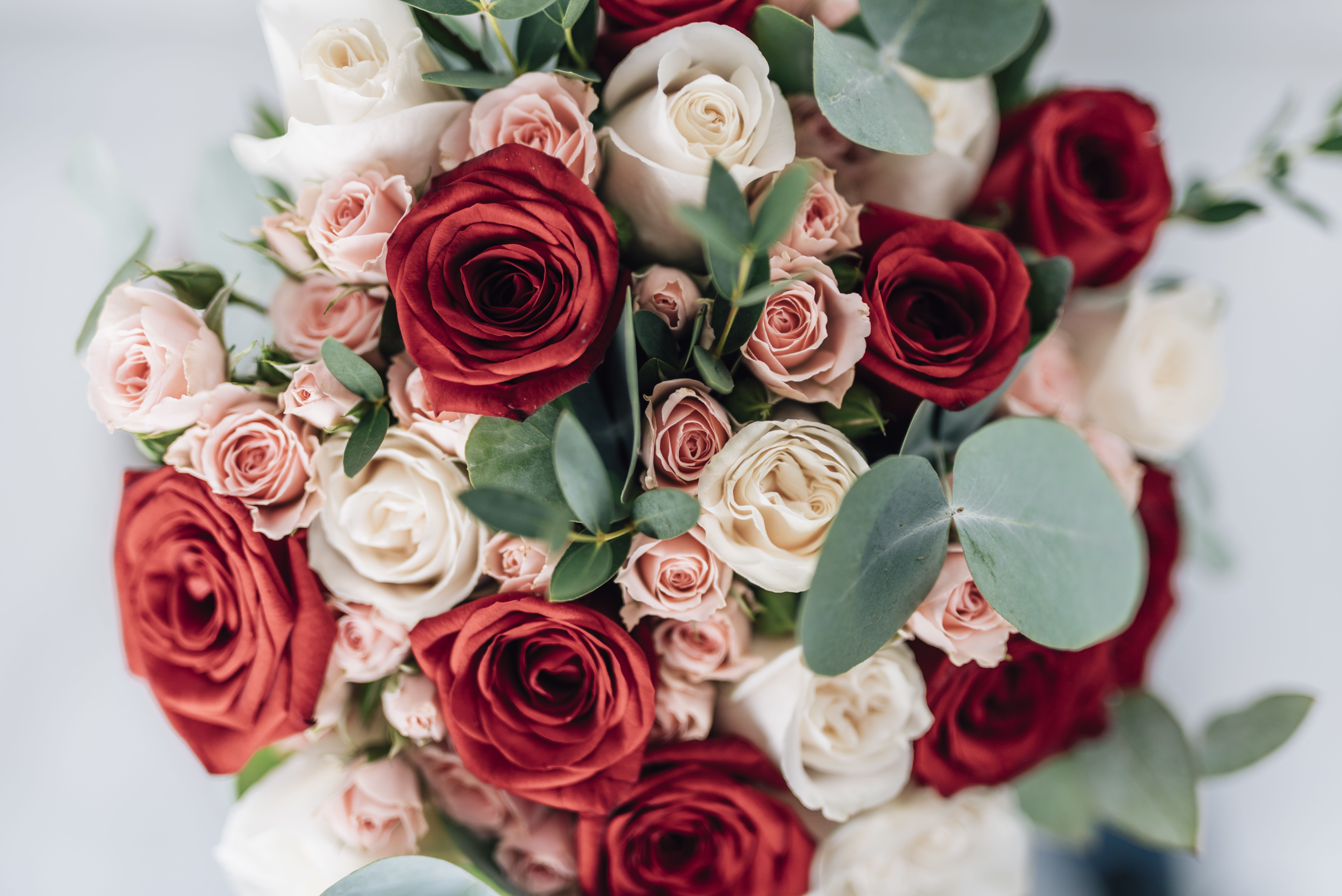 Bouquet of red, blush, and white roses with eucalyptus
