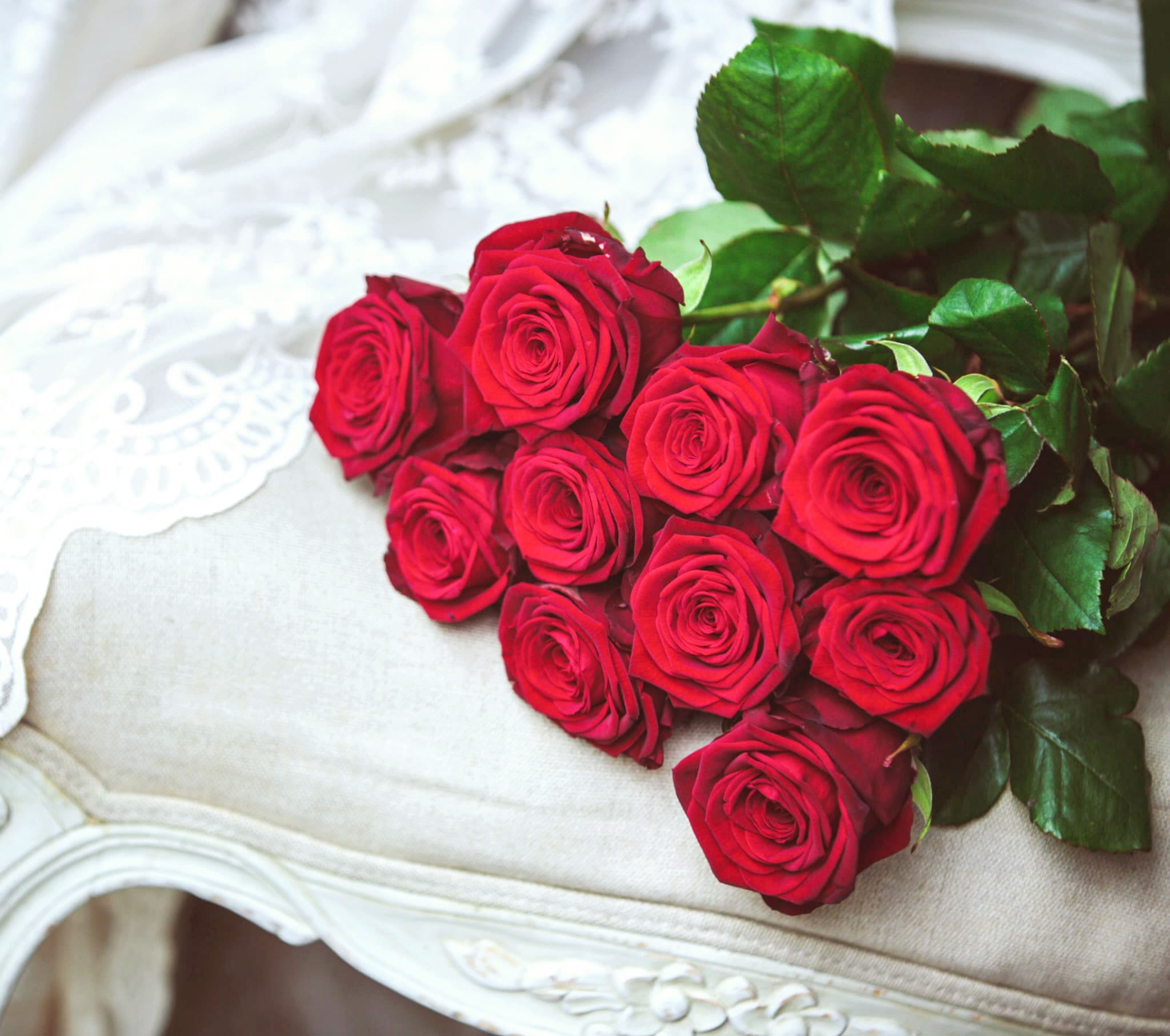 A bouquet of red roses with green leaves on a light upholstered chair