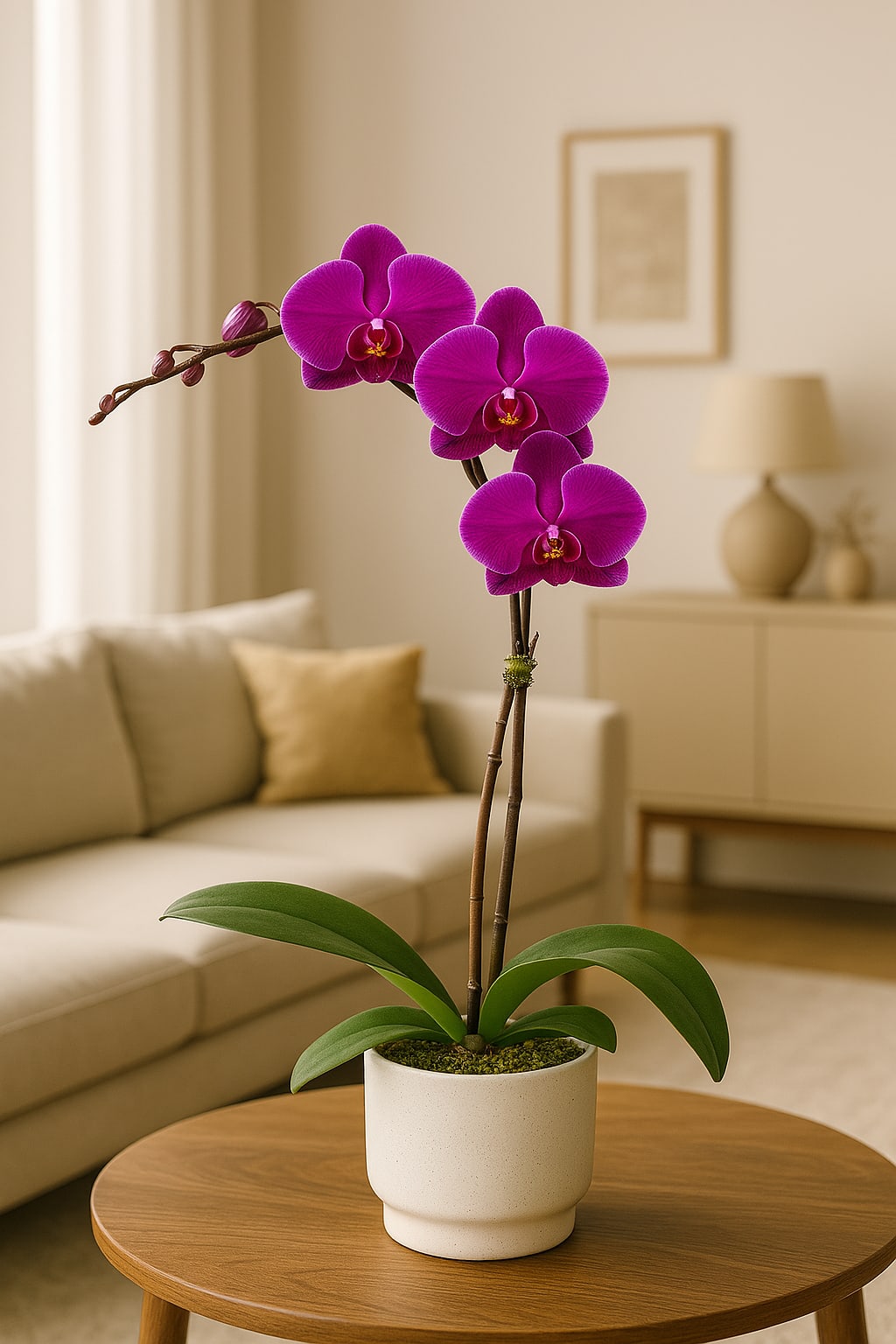 Potted purple orchid with three blooms in a white ceramic pot