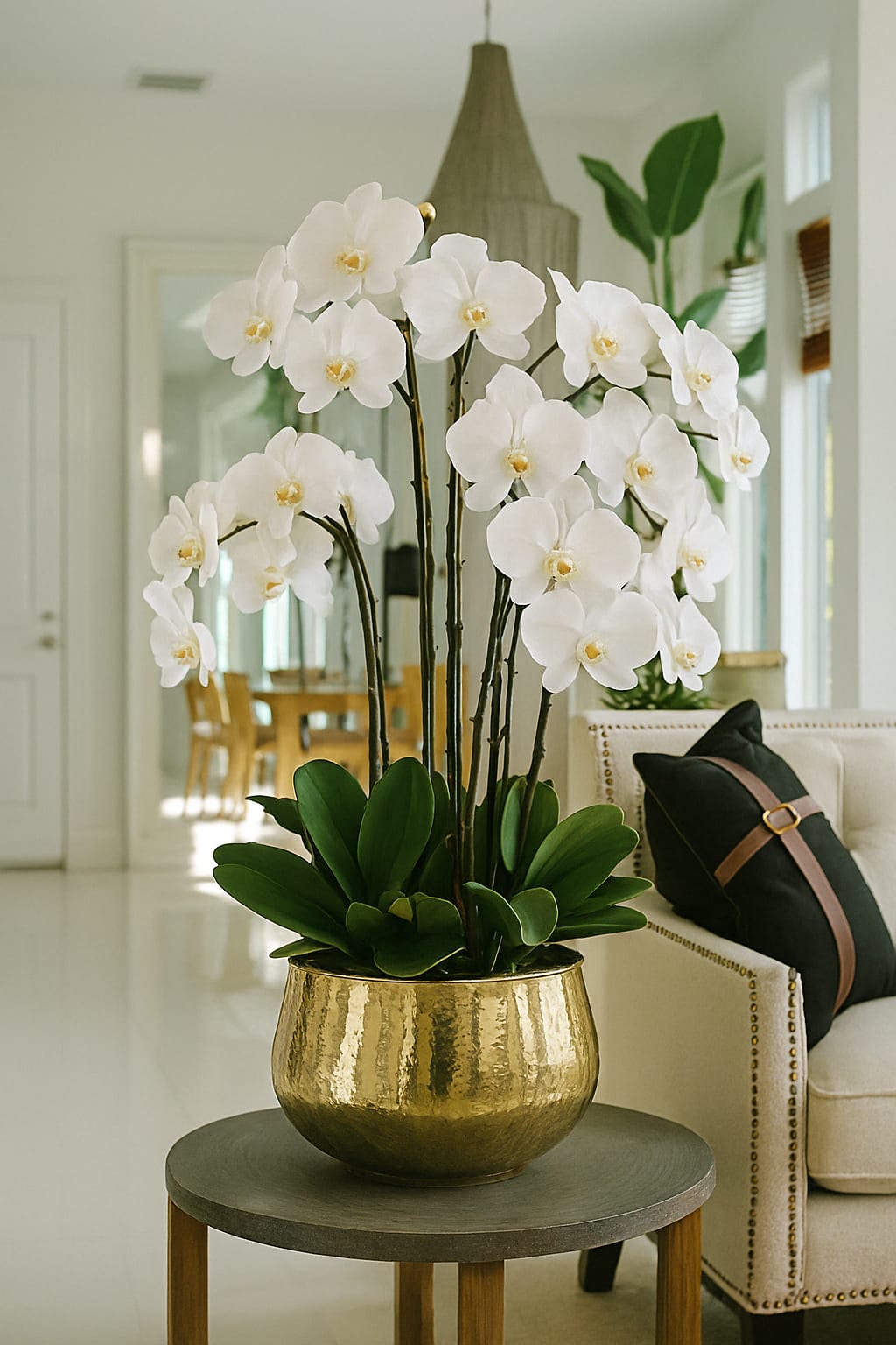 White orchid arrangement in a gold pot on a small table