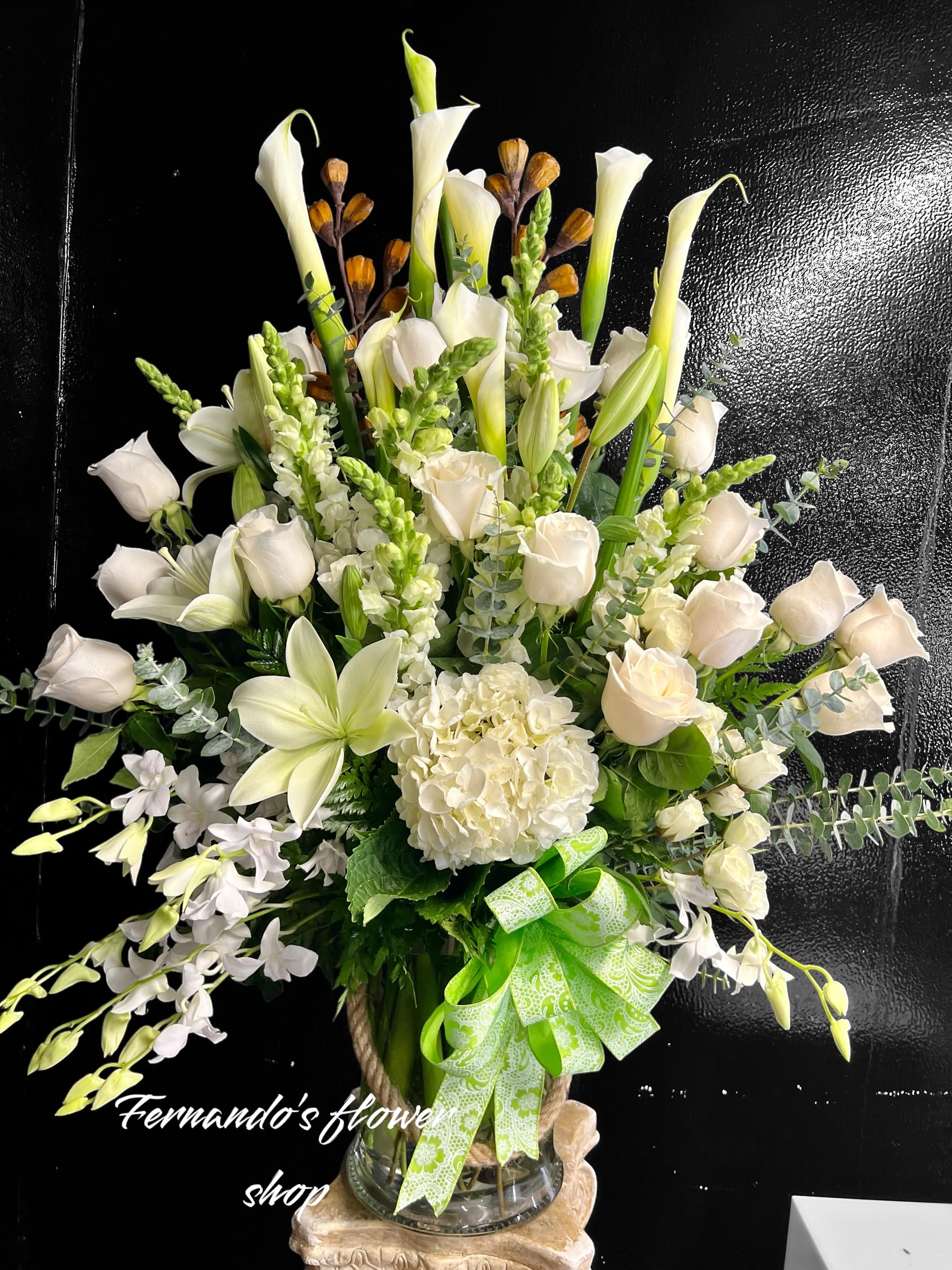 Sunday Morning - Calla Lilies Bells of Ireland Roses orchids 