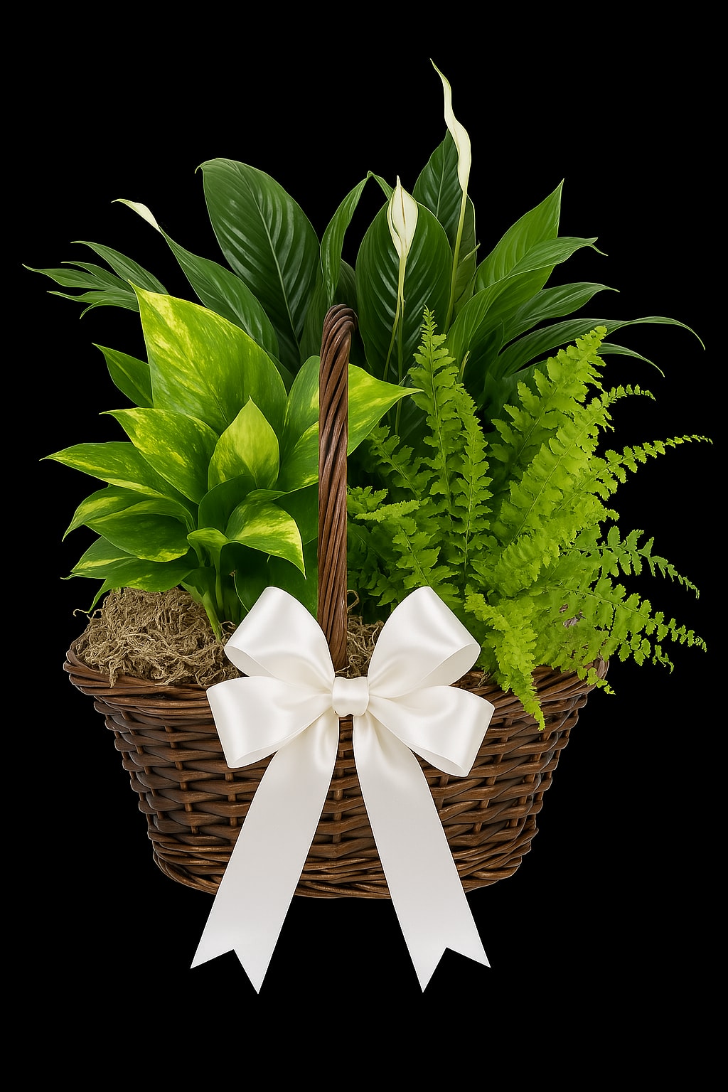Assorted green plants in a brown wicker basket with a large white bow.