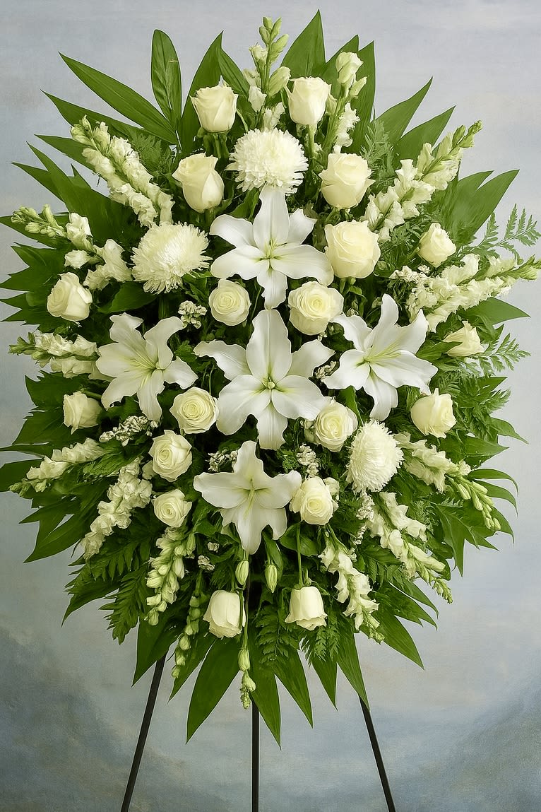 Standing spray of white lilies, roses, and other blooms with large green leaves on an easel