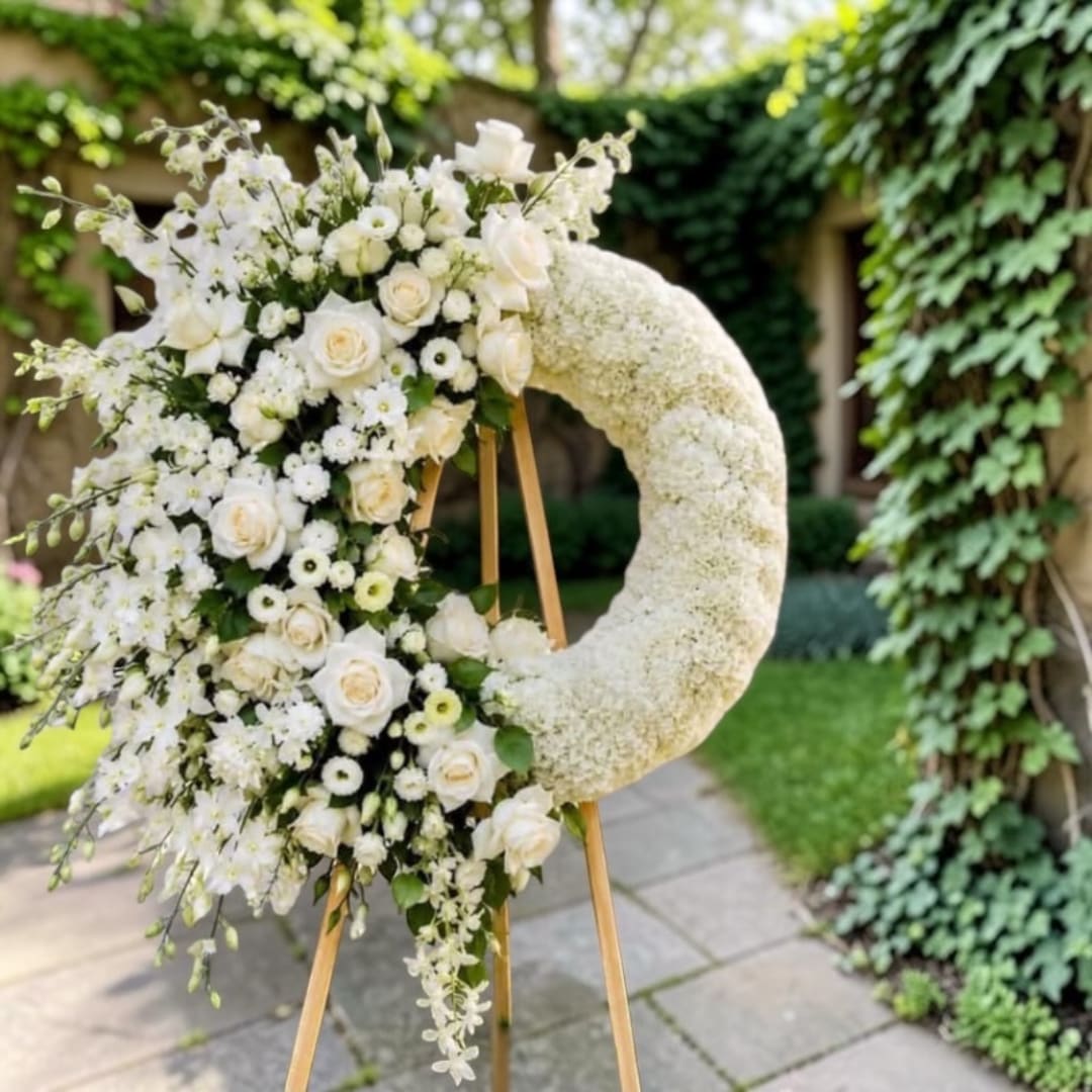 White floral wreath on a wooden stand with roses and small blooms