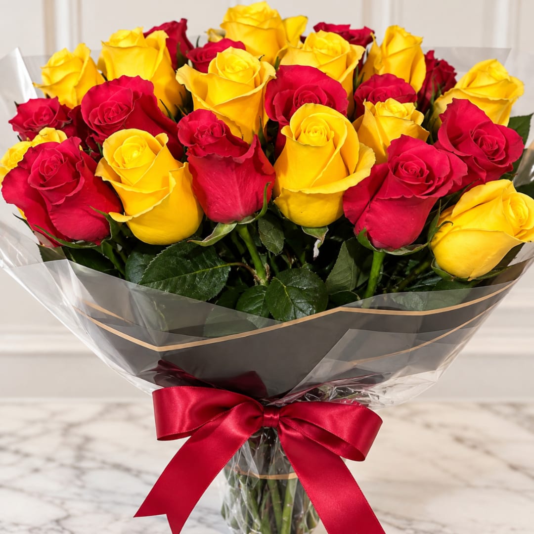 Bouquet of red and yellow roses wrapped in clear plastic with a red ribbon