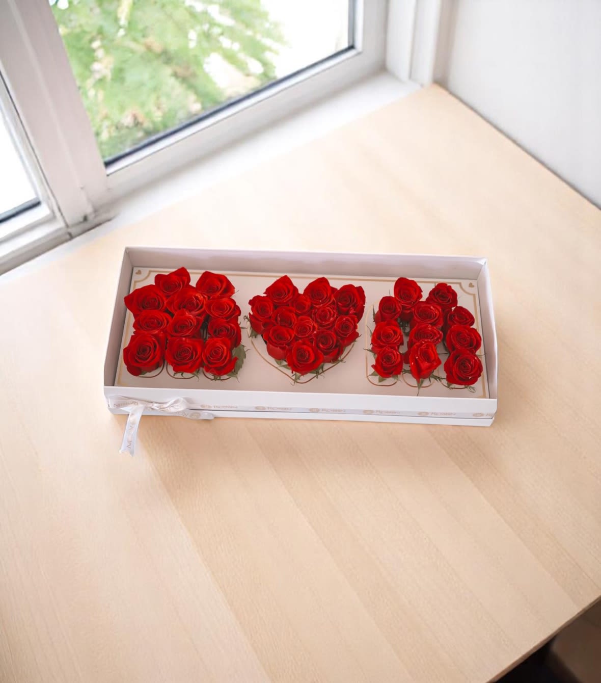 Boxed arrangement of red roses arranged as three letters