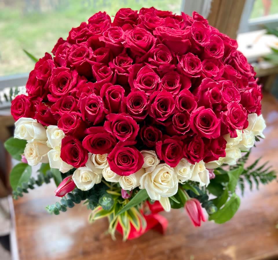 Large bouquet of red and white roses with a few pink tulips and foliage in a vase