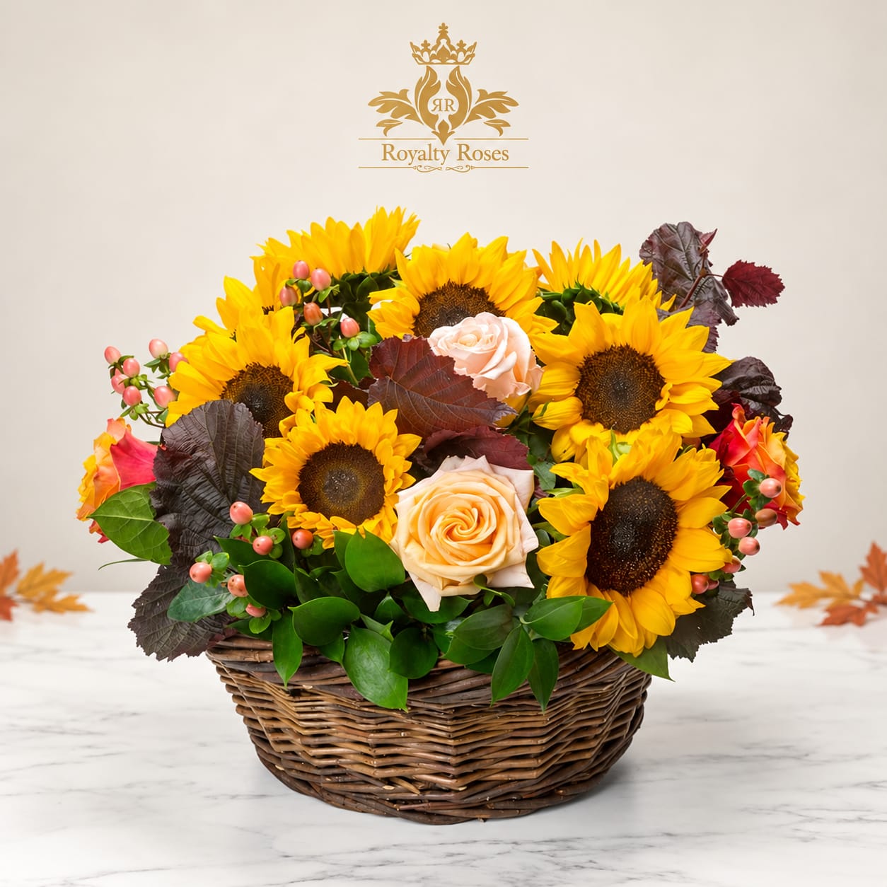 Sunflower and rose arrangement in a wicker basket