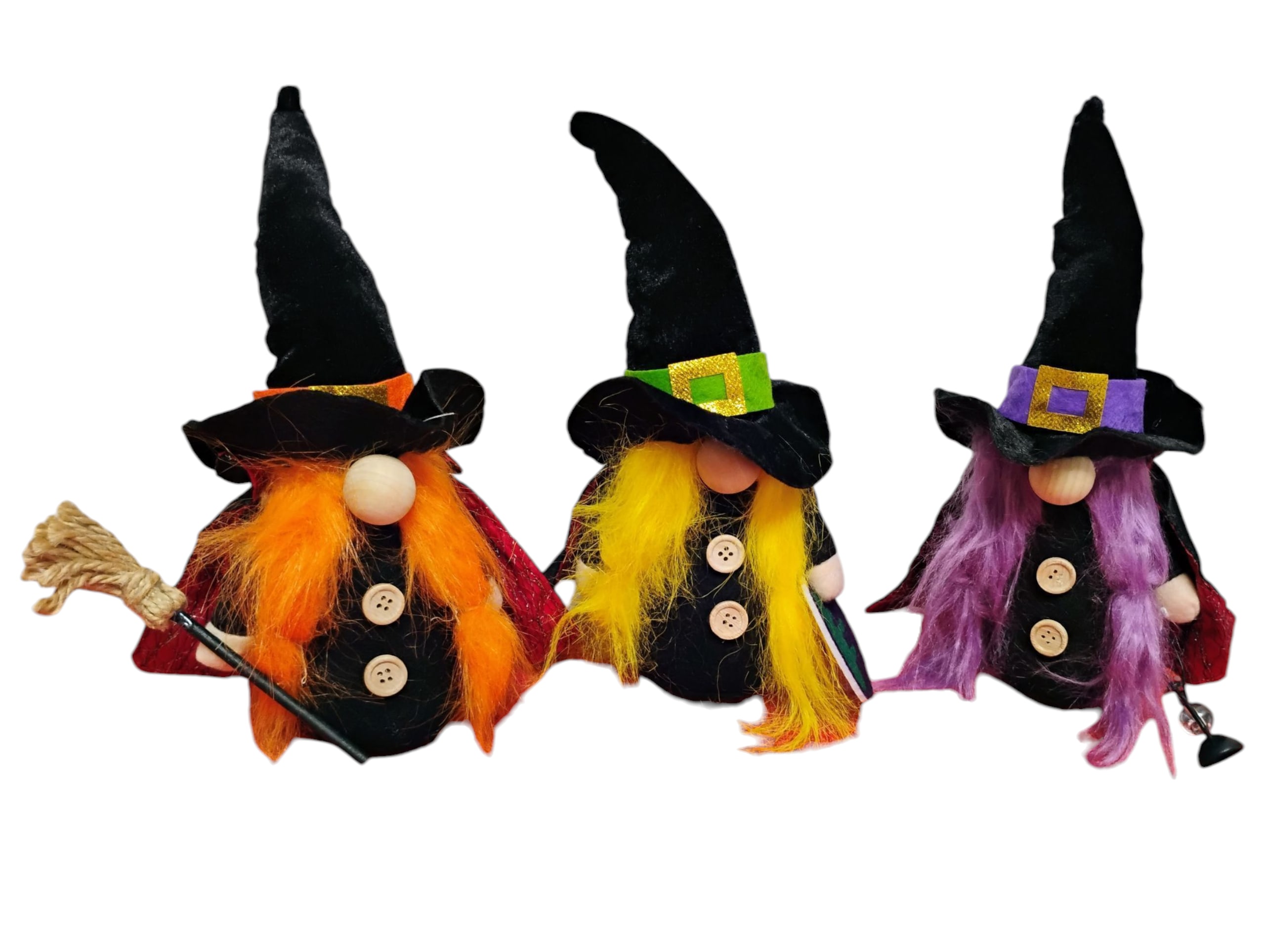 Hocus Pocus Gnomes -  Hocus Pocus Gnome Coven – A Spellbinding Sisterhood   Straight outta Salem and into your spooky stash—this bewitched trio of gnome witches is ready to run amok, amok, amok through your Halloween décor. With pointed hats, flowing locks, and a flair for the dramatic, these pint-sized enchantresses are giving major Sanderson Sister energy… minus the soul-sucking.  Each gnome brings her own brand of chaos: - One’s broom-ready and bold, with fiery orange hair and a look that says “I smell children.” - Another’s cloaked in green mystery, channeling forest potions and graveyard giggles. - The last brews trouble in a black cauldron, purple-haired and plotting something deliciously wicked.   Why You’ll Be Under Their Spell: - Perfect for mantels, shelves, cauldron corners, or anywhere that needs a pop of witchy whimsy. - Ideal for gifting to your coven, your Winifred-wannabe bestie, or anyone who lives for October magic. - Boutique-crafted with cosmic flair—each gnome oozes personality and Halloween soul.  