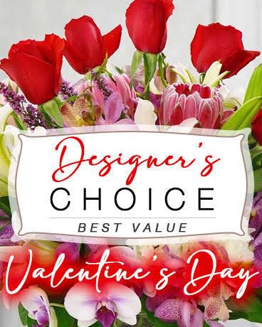 Mixed bouquet with red roses and pink orchids, labeled Designer's Choice.