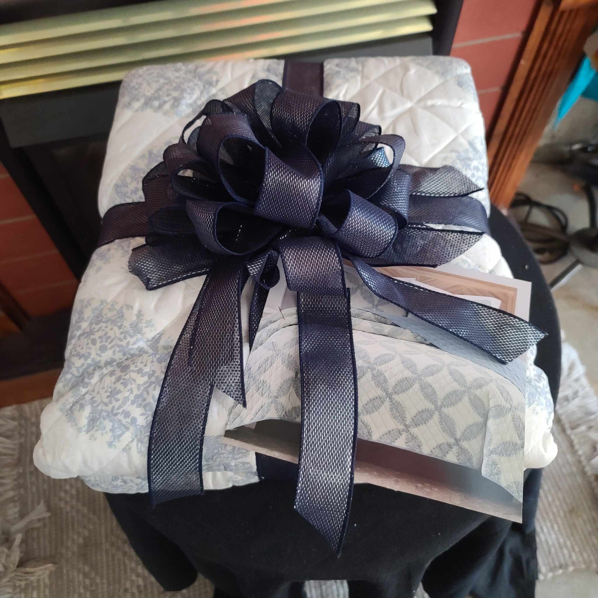 Wrapped gift box tied with a large dark ribbon bow