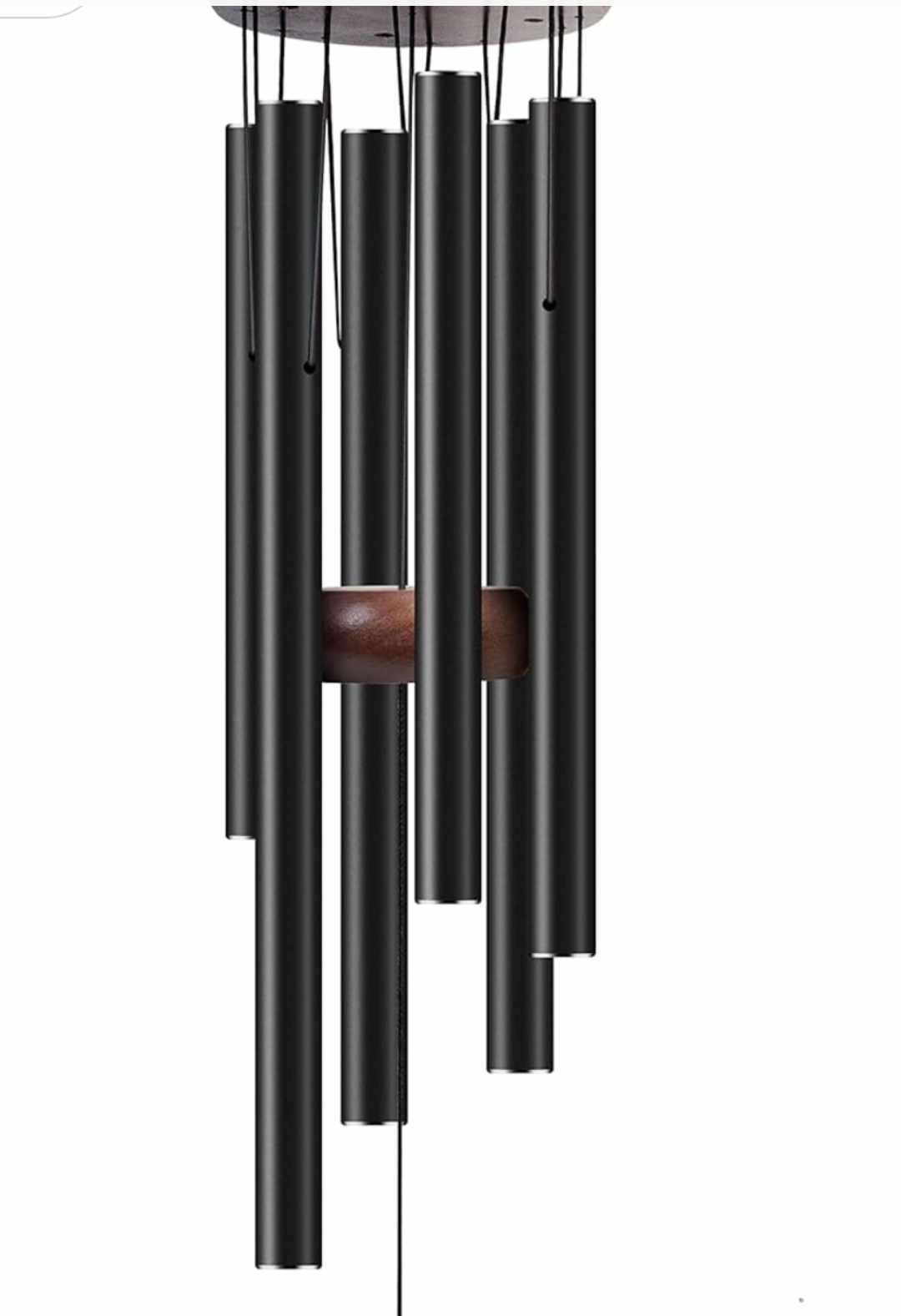 Black metal wind chime with long tubular pipes and a wooden striker