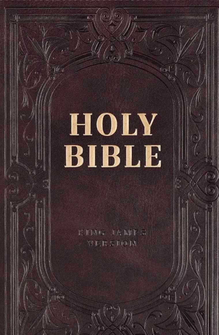 A dark brown Holy Bible cover with ornate embossed borders