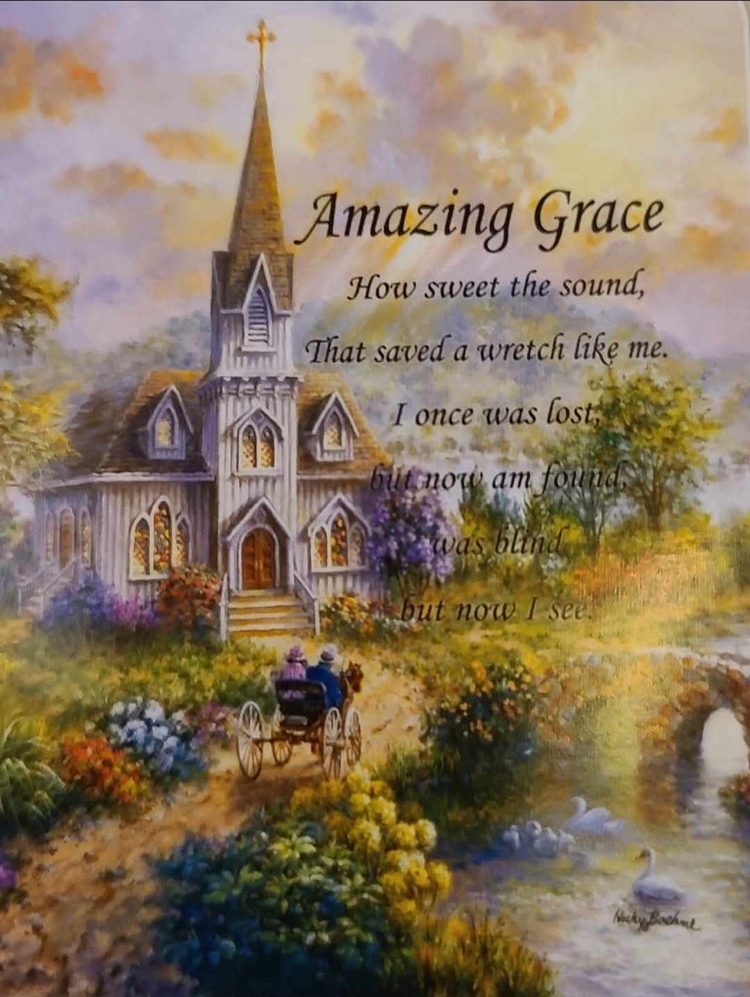 Church scene with the words Amazing Grace over a pastoral landscape