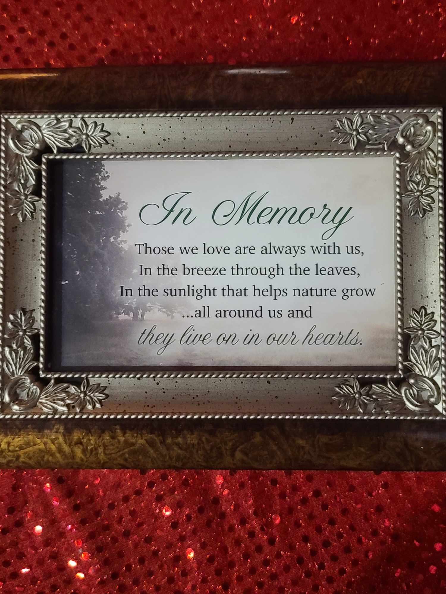 Framed memorial plaque with an "In Memory" message