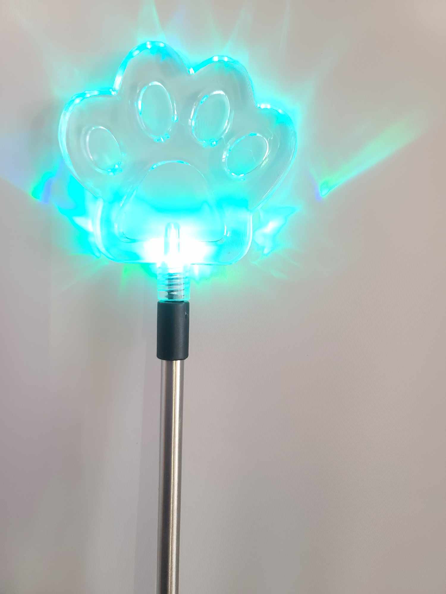 Glowing blue paw-shaped light on a metal pole