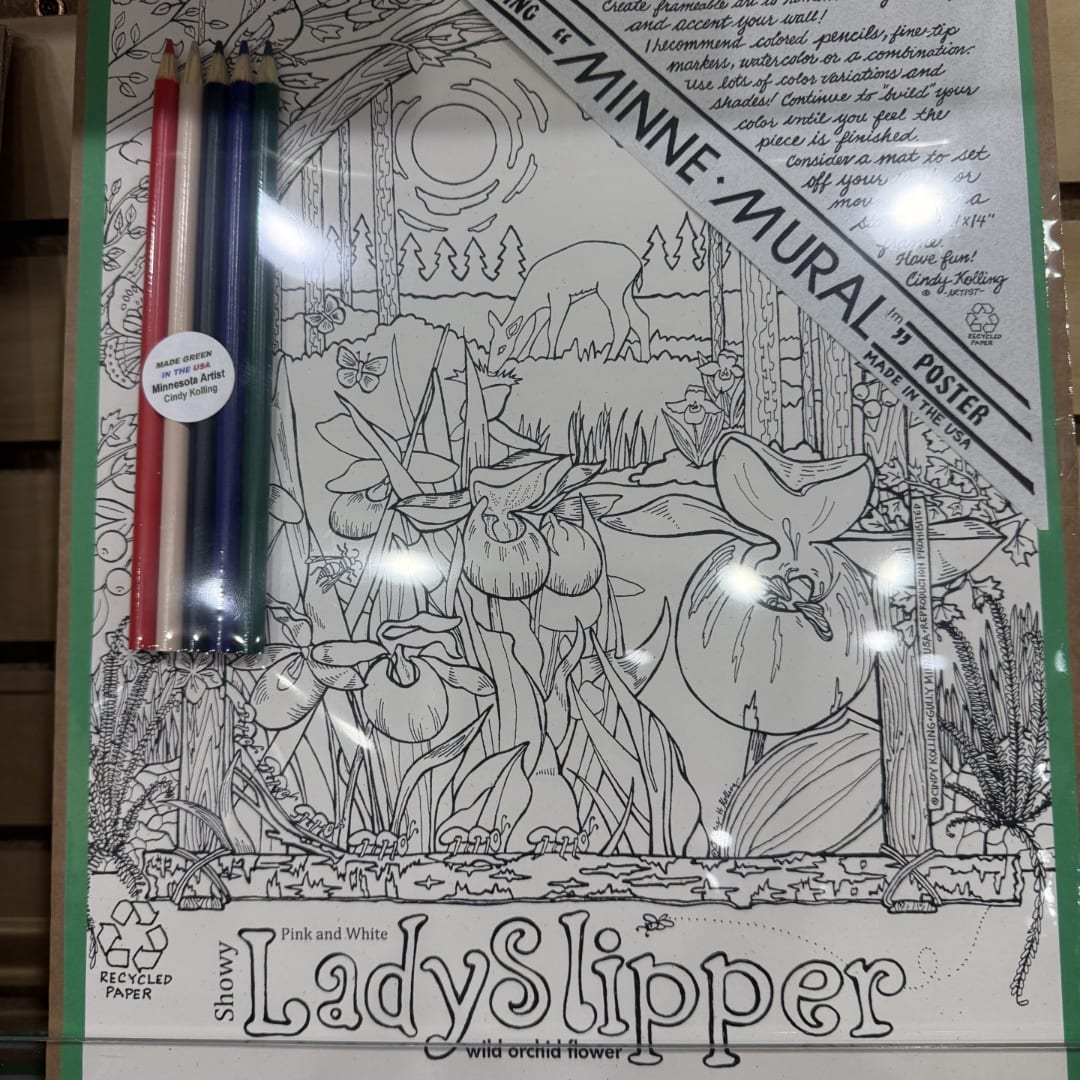Coloring poster with orchid line art and a set of colored pencils