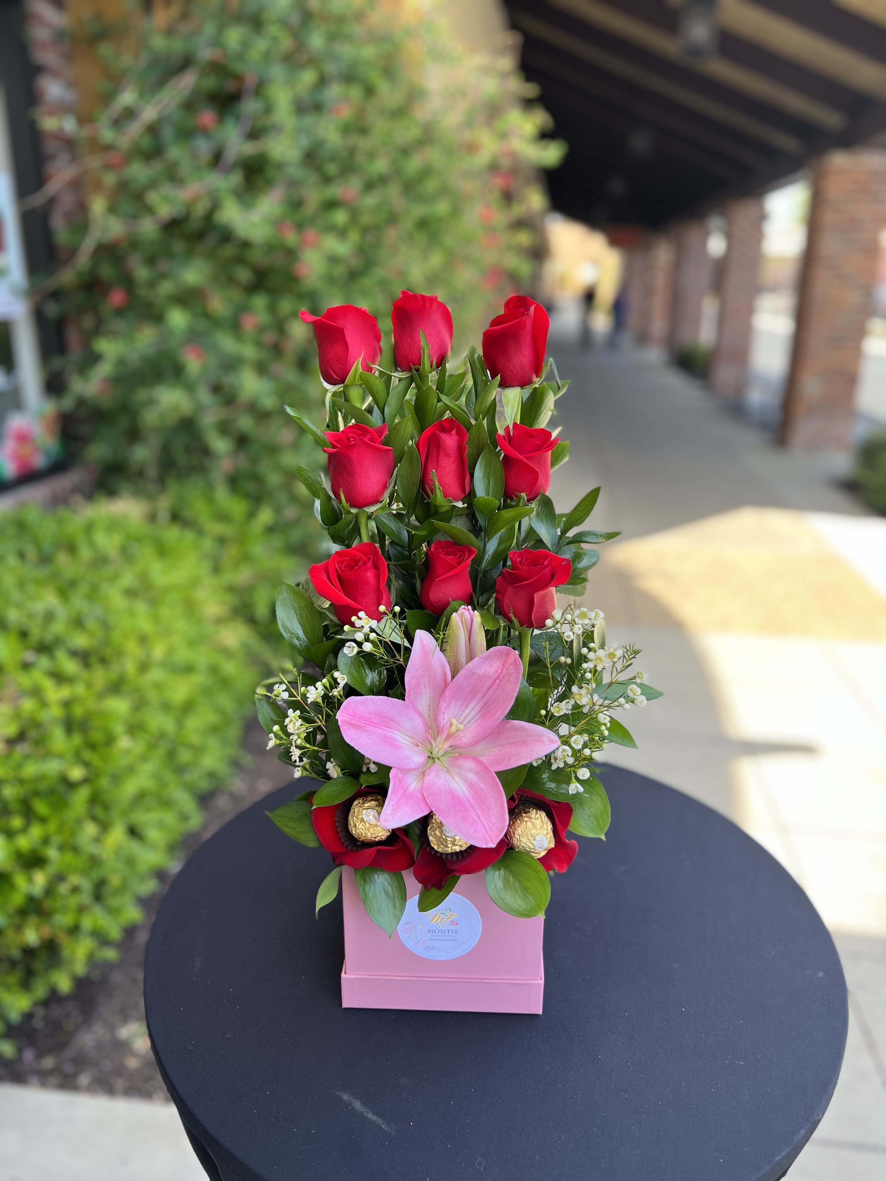 Emily  - 9 red roses and pink lilies 