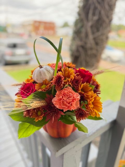 Orange and red mixed flower arrangement in a small pumpkin-shaped container