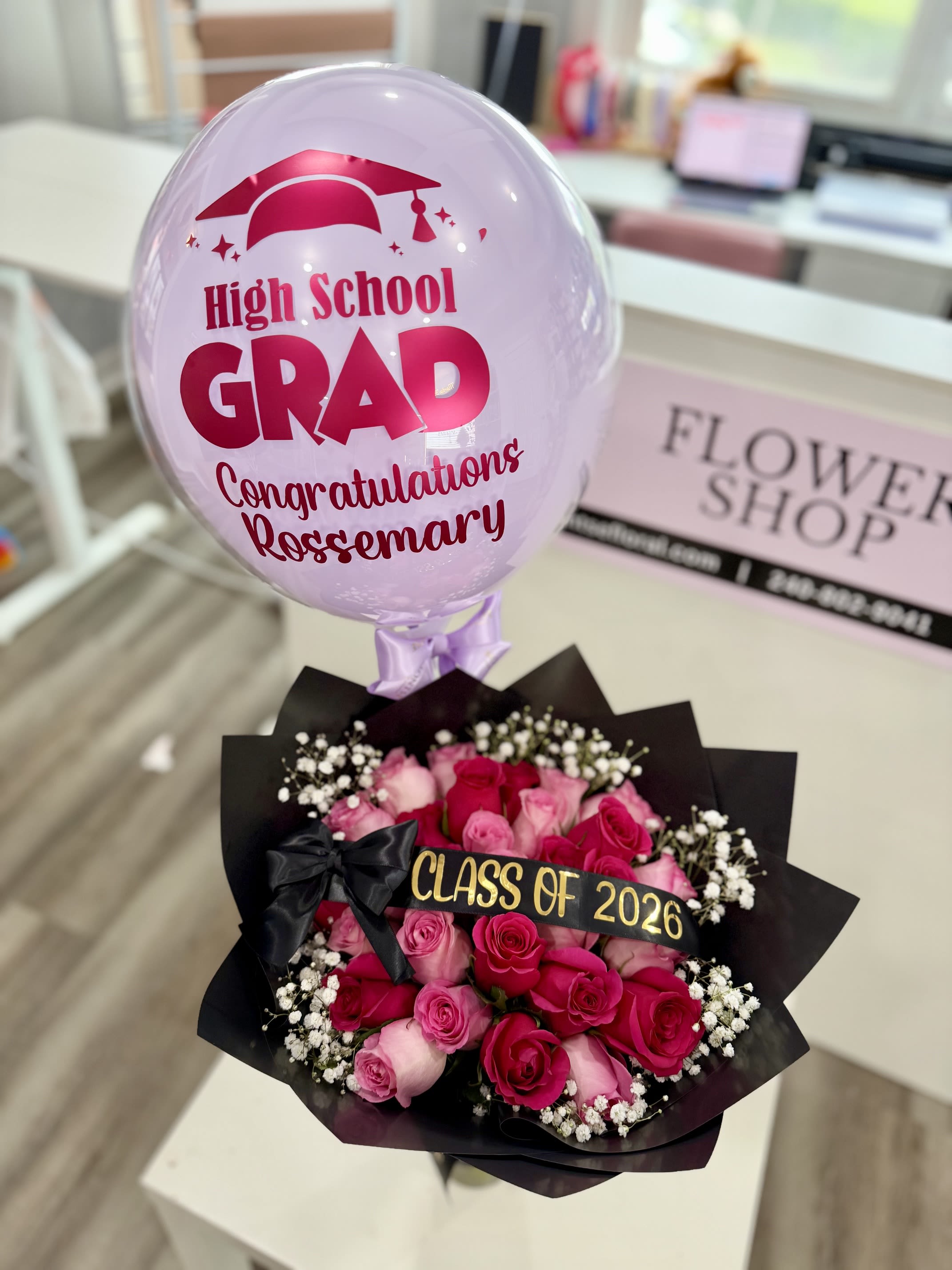 Congrats Grad bouquet  - Compact bouquet of 30 pink &amp; hot-pink roses with white filler, black wrap, custom ribbon + custom balloon included 