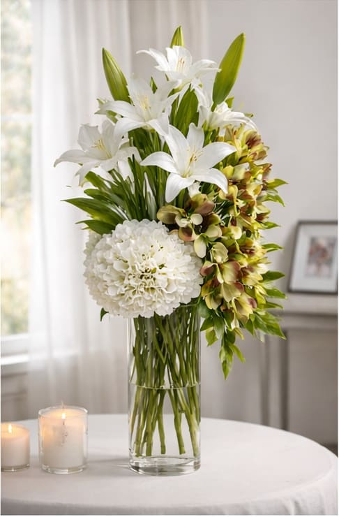 GRACEFUL TRIBUTE SYMPATHY VASE (Silk)  - The Graceful Tribute Sympathy Vase is a sophisticated silk funeral arrangement featuring hydrangeas, lilies, and cymbidium orchids arranged in a tall modern vase. This elegant sympathy tribute is perfect for memorial services and funeral ceremonies in Houston