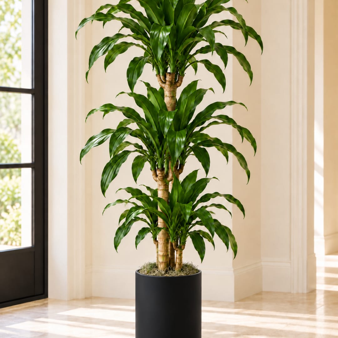 Tall potted dracaena plant in a black container