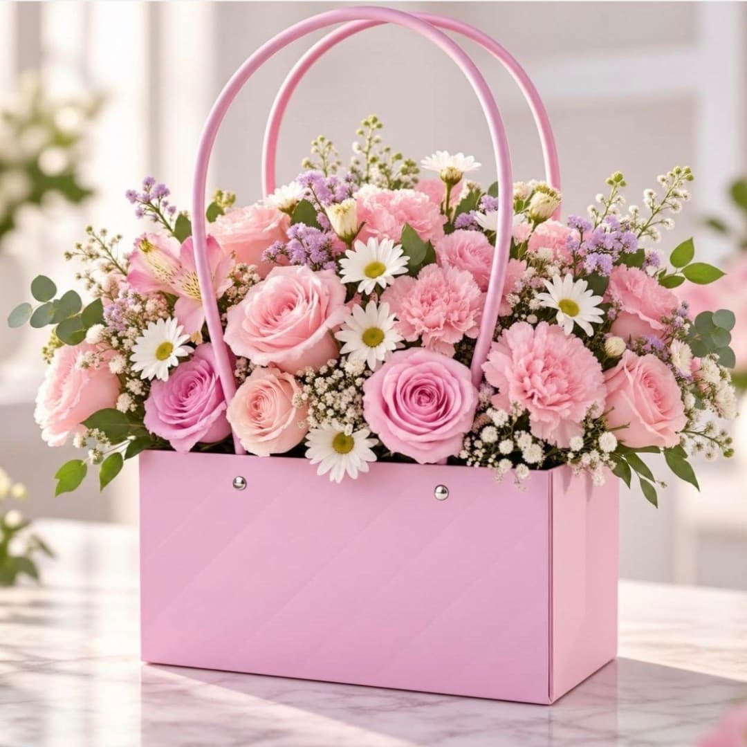 Pink flower arrangement in a pink handled gift box
