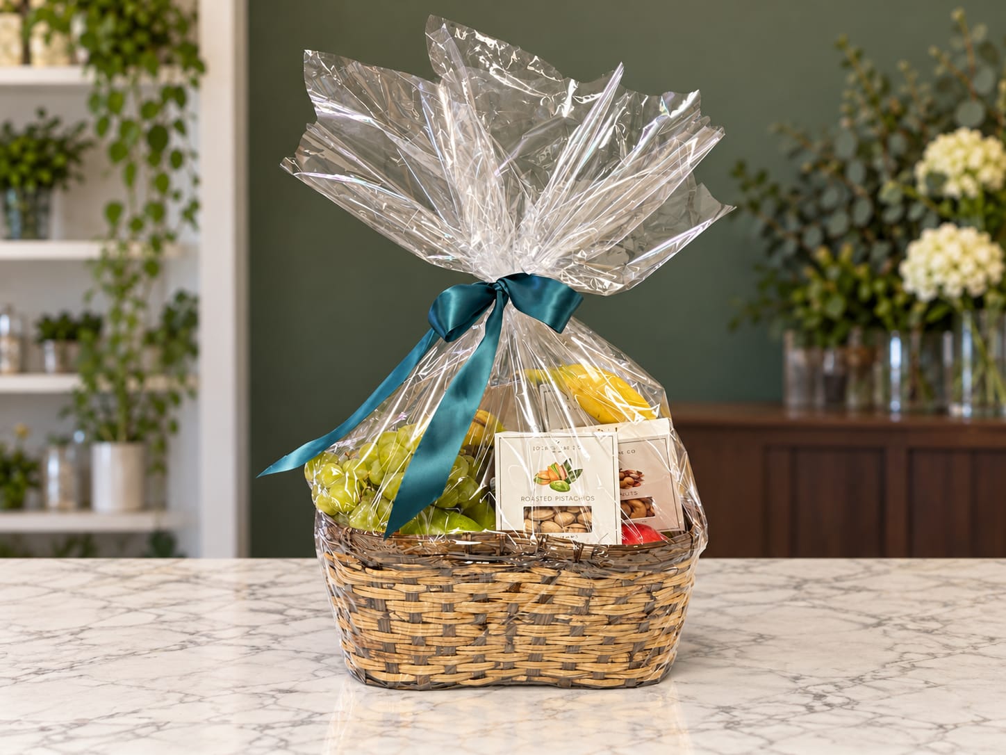Gift basket with fruit and snack packages tied with a teal ribbon
