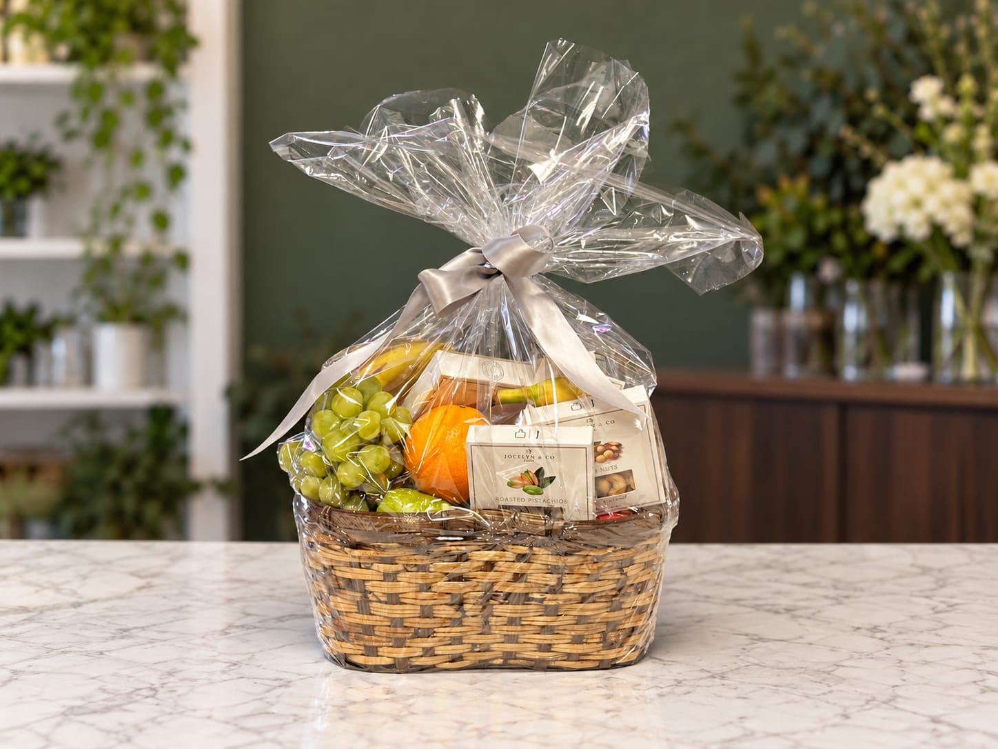 Gift basket with grapes, an orange, and packaged snacks in a wicker basket