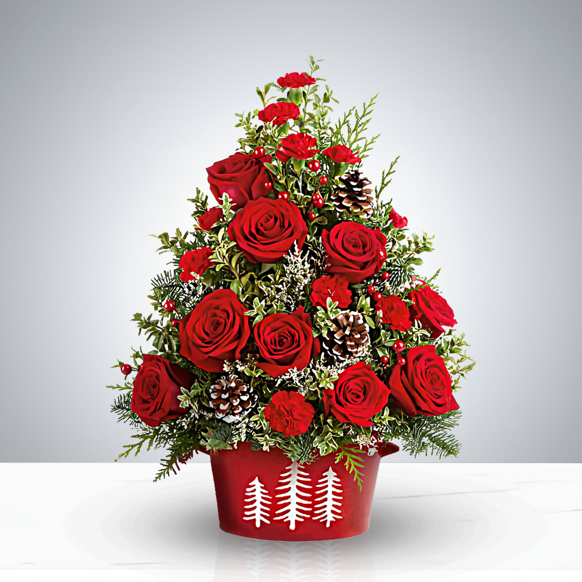 Christmas Rose Tree - Bring the holiday spirit into your home with Christmas Rose Tree. This charming floral arrangement blends the elegance of red roses with festive greenery and rustic pinecones. Hand-crafted in GIA’s Snowy Pines Dish, it’s the perfect centerpiece for your table or a thoughtful seasonal gift.  The Christmas Rose Tree by GIA features red roses, miniature red carnations, white limonium, oregonia, cedar, and noble fir. Accented with pinecones and lush holiday greens, the design is styled in an all-around orientation, making it beautiful from every angle.